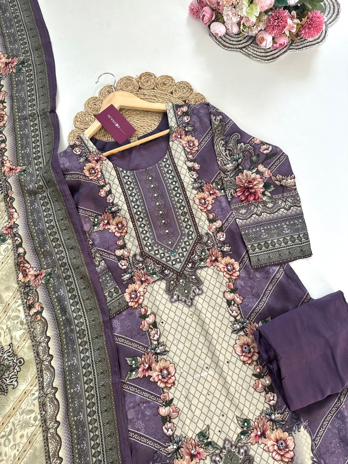 K124 - Pure crepe floral printed straight Kurti with pants and dupatta