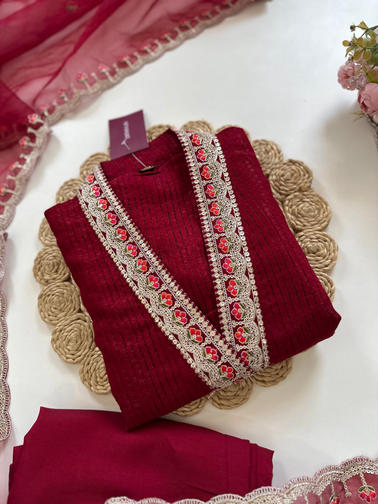 K107 - Jacquard silk Collar neck straight kurti with pants and dupatta in 2 colours
