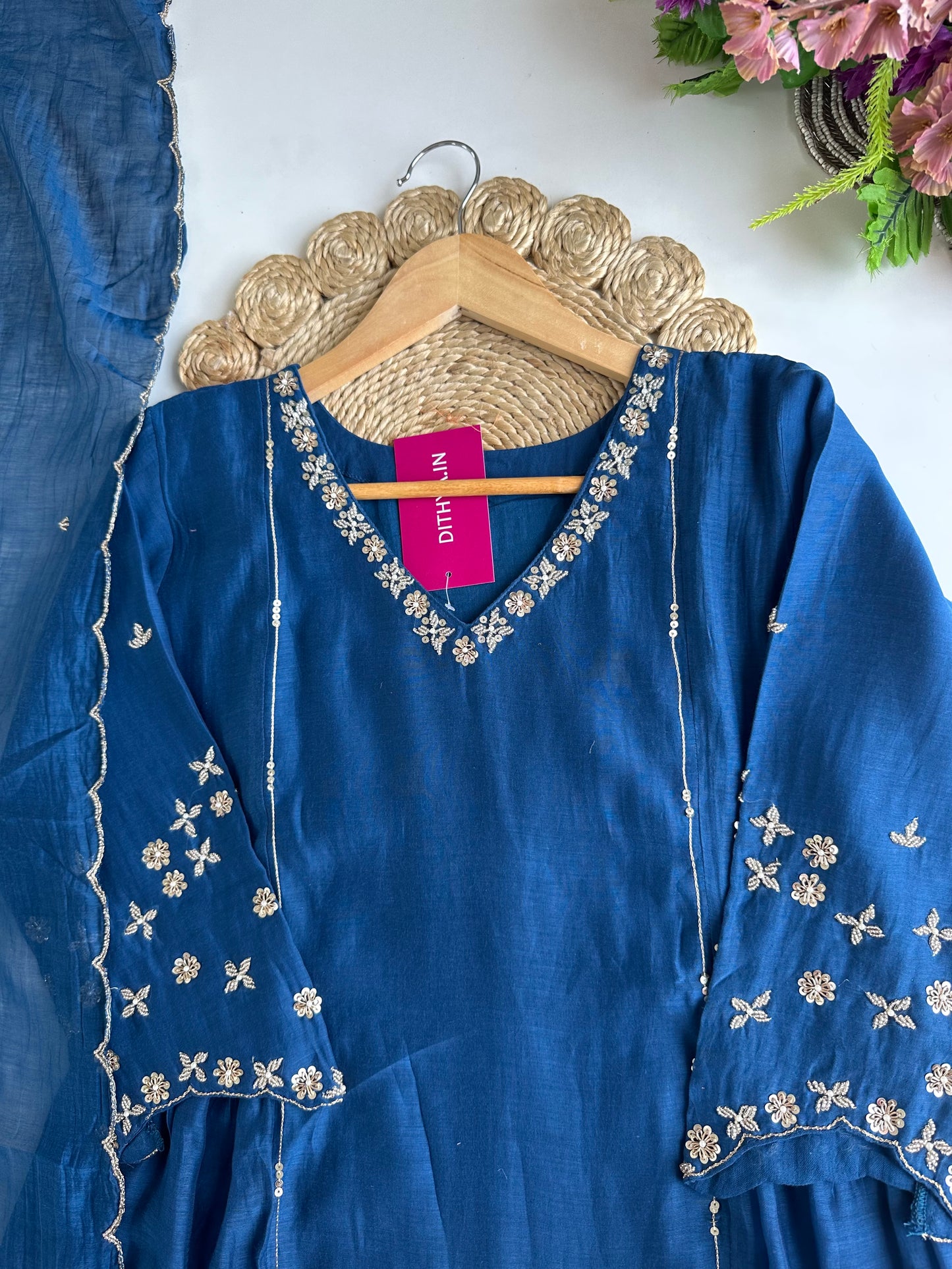 K309 - Mul Chanderi handwork Anarkali with pants and dupatta