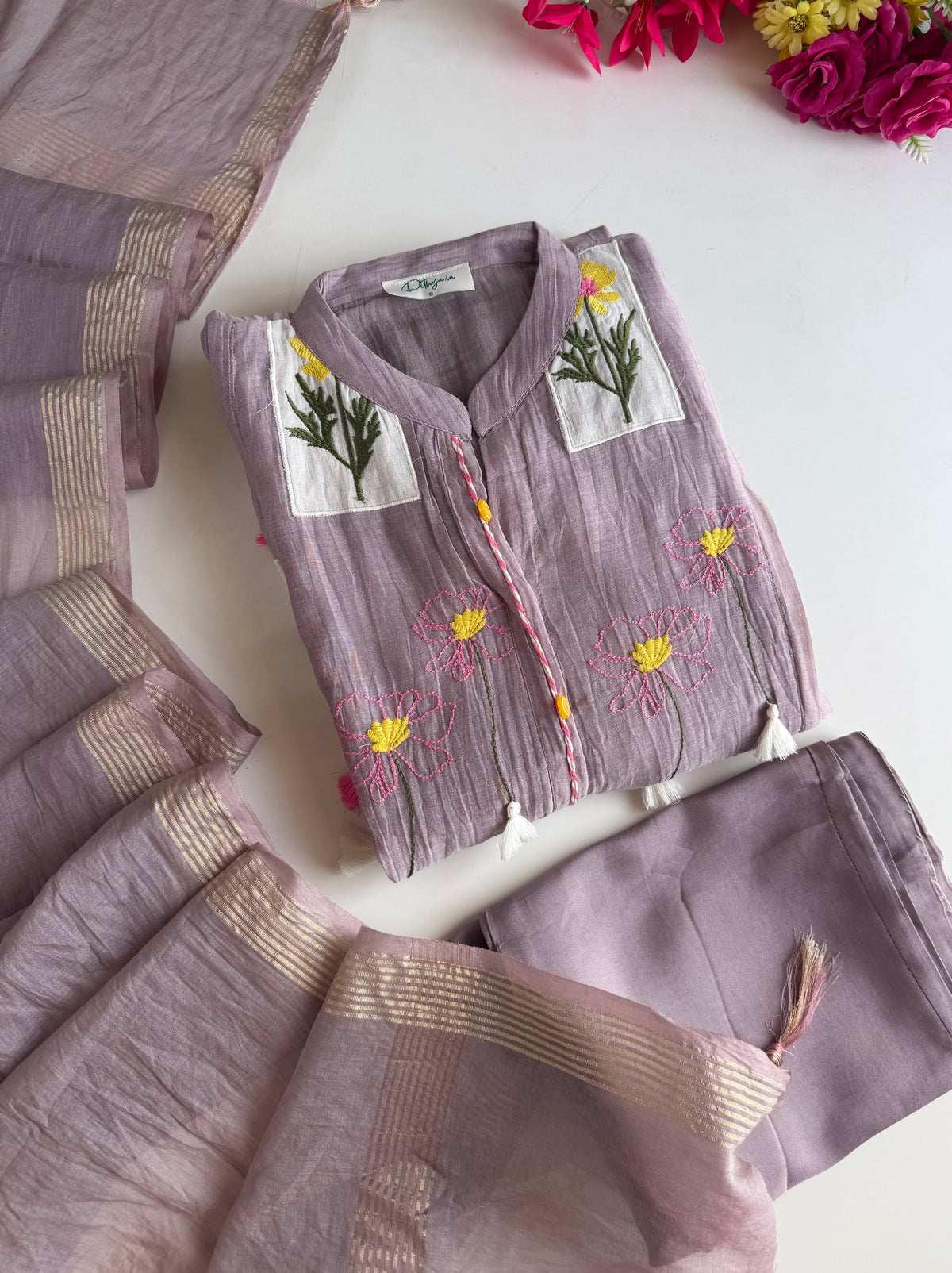 K631 - Mul chanderi appliqué embroidered Aline Kurti with pants and dupatta