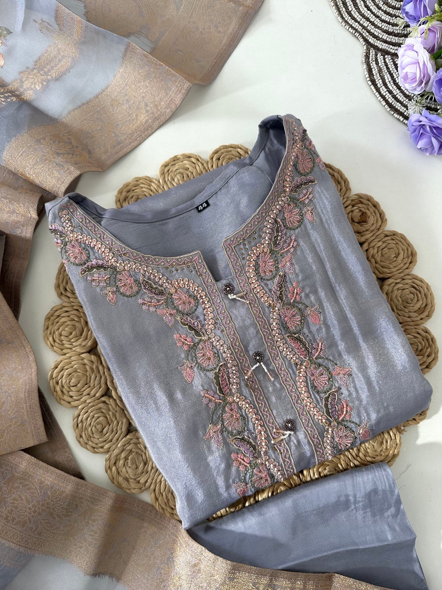 D040 -Tissue straight kurti with pants and dupatta