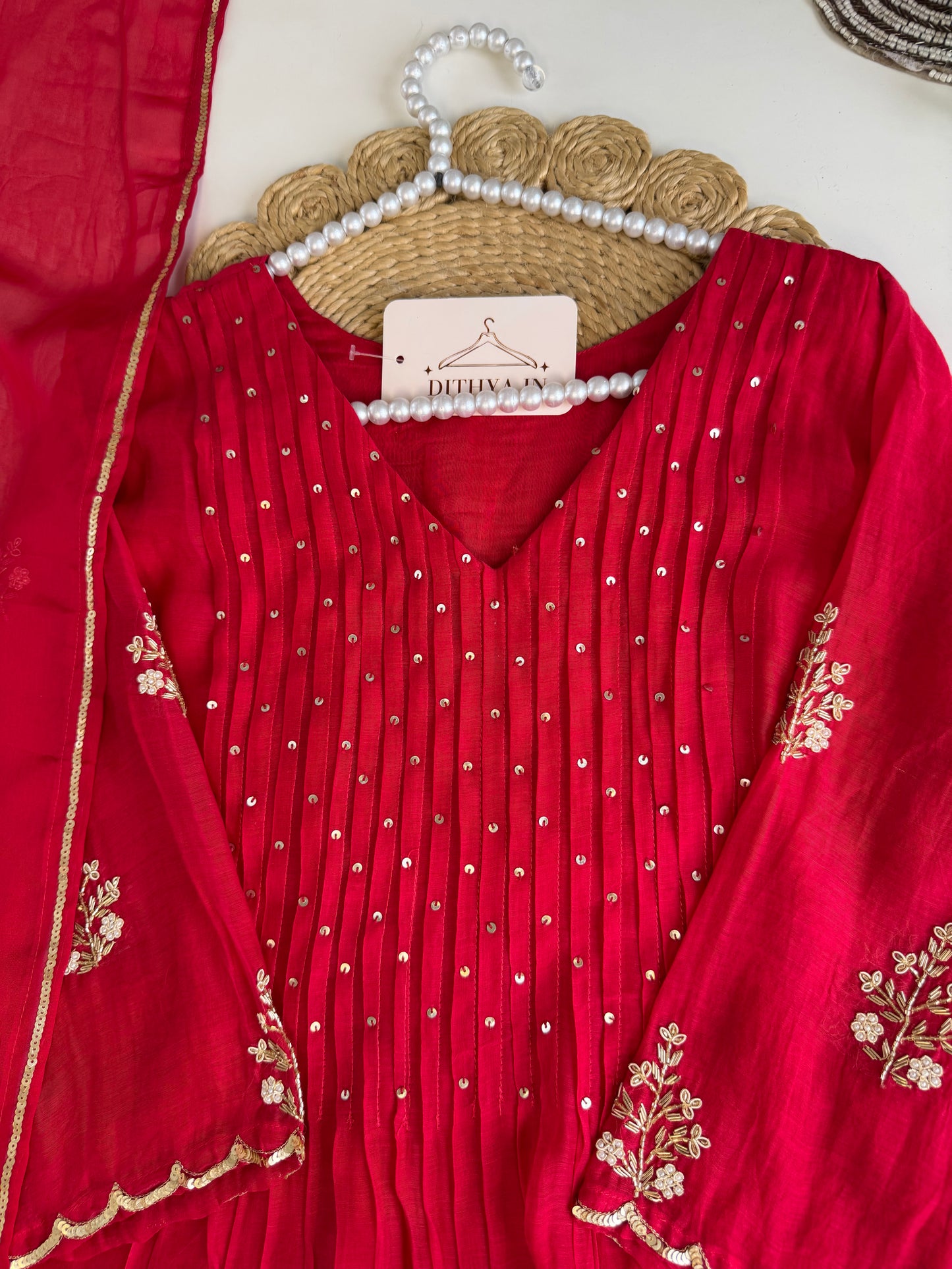 K537 - Mul chanderi handwork Aline Kurti with pants and dupatta