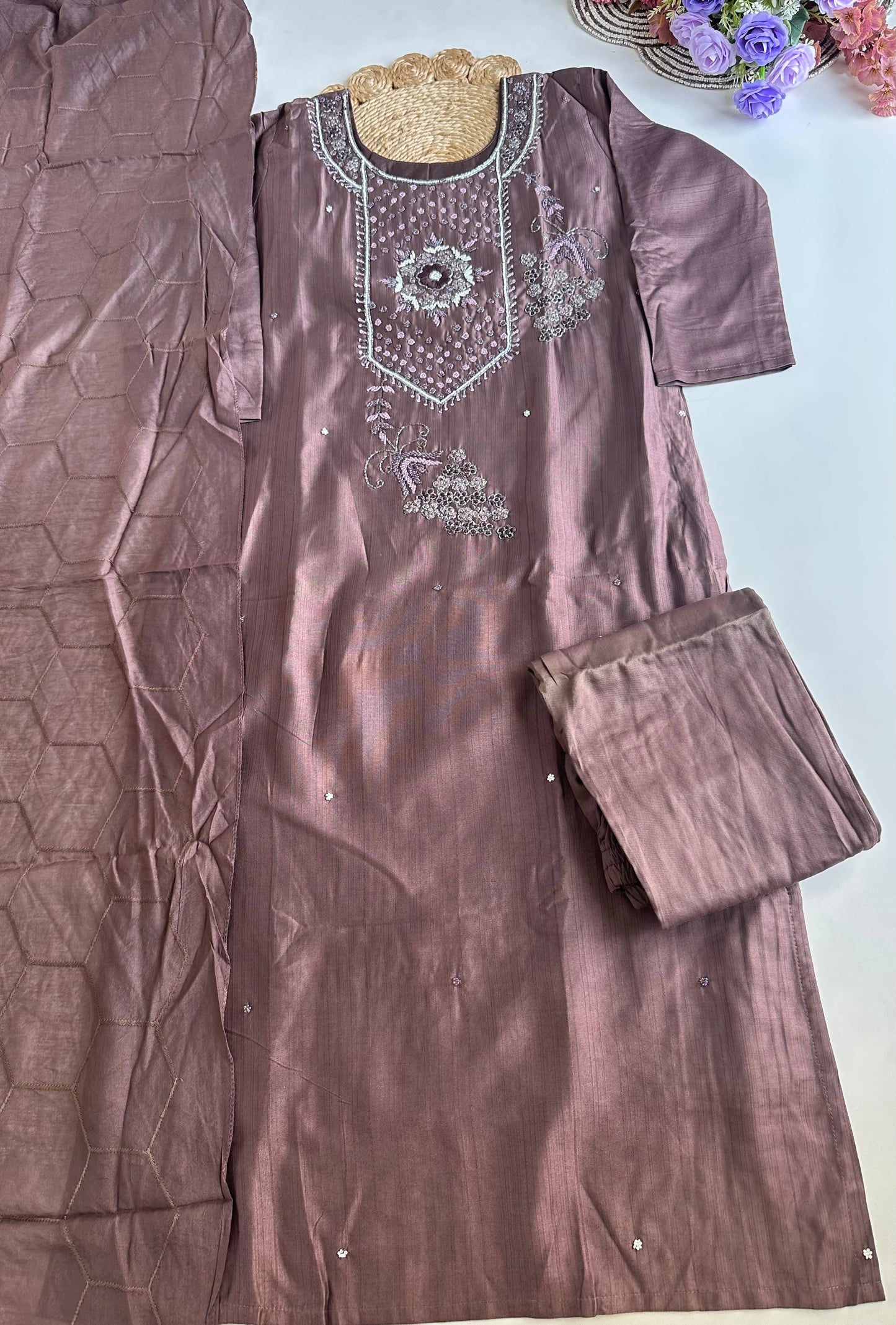 D055 -Russian silk straight kurti with pants and dupatta