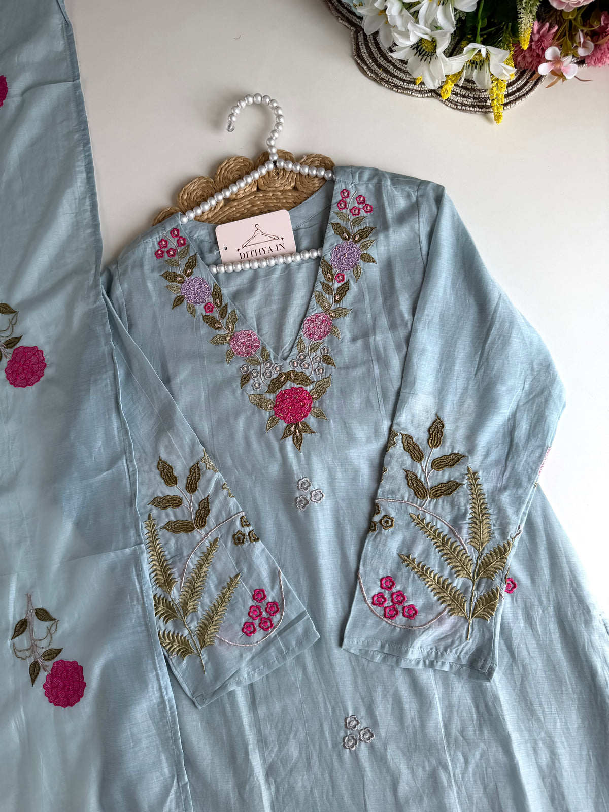 K090 - Mul chanderi appliqué work Anarkali with pants and dupatta