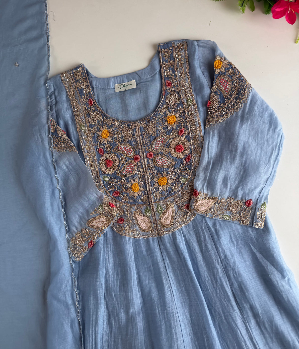 K424 - Mul chanderi heavy handwork Anarkali with pants and dupatta in 2 colours