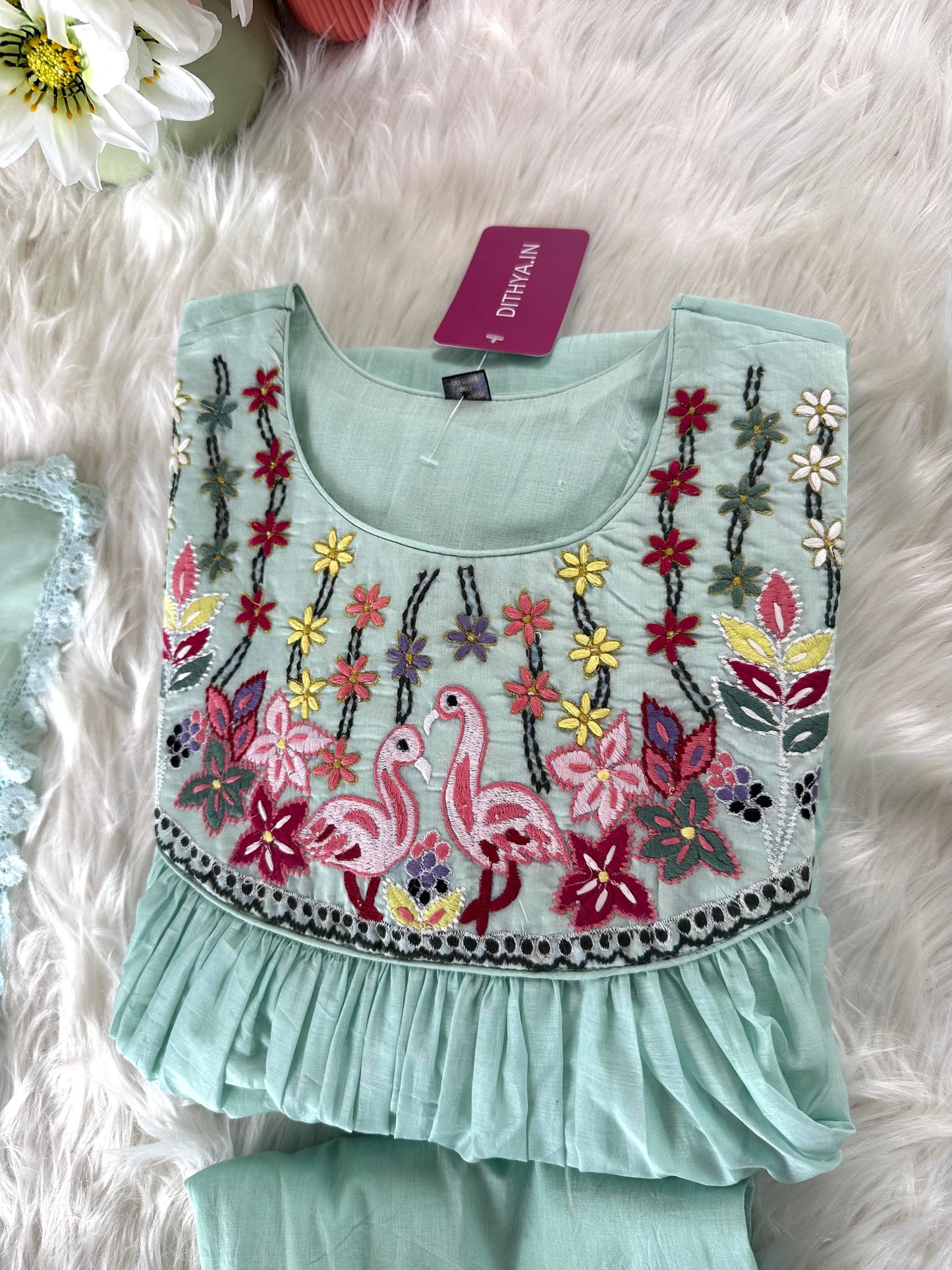K376 - Mul Chanderi embroidered Aline Kurti with pants and dupatta