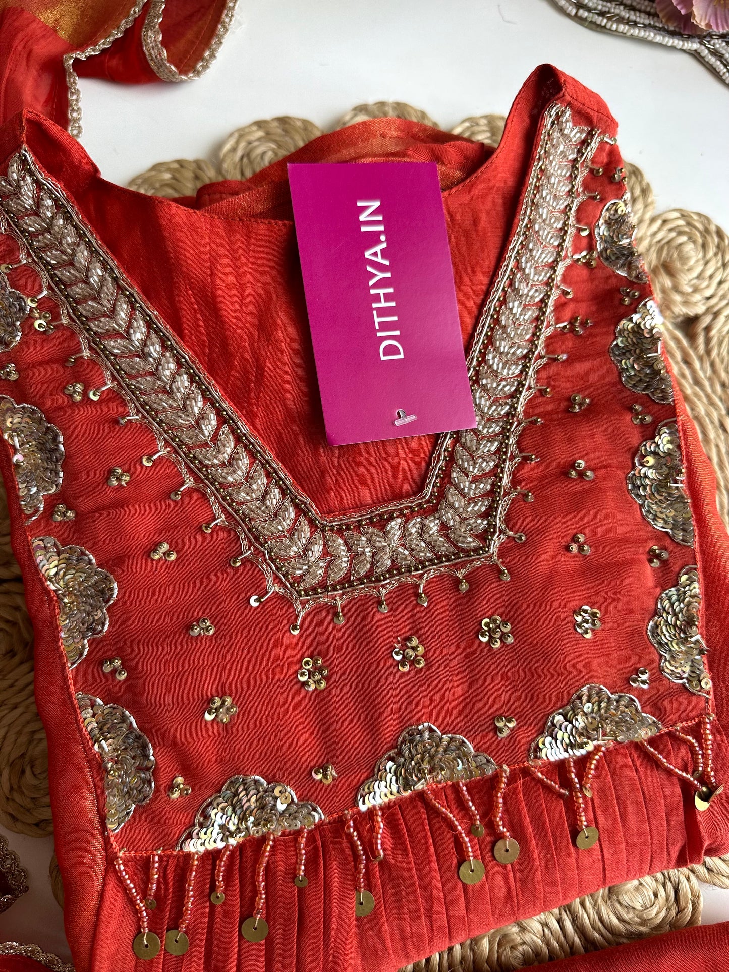 K405 - Mul Chanderi handwork Aline Kurti with pants and dupatta in 2 colours