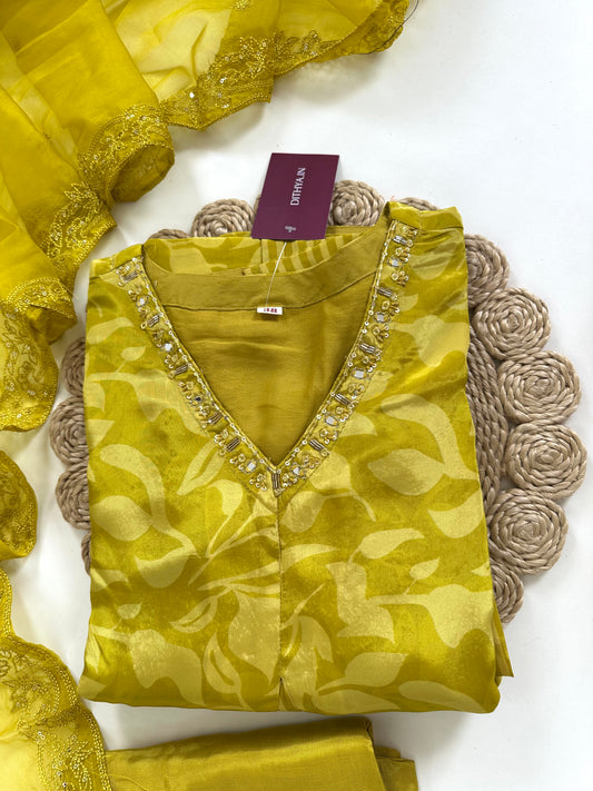 K216 - Pure crape handwork Aline Kurti with pants and dupatta