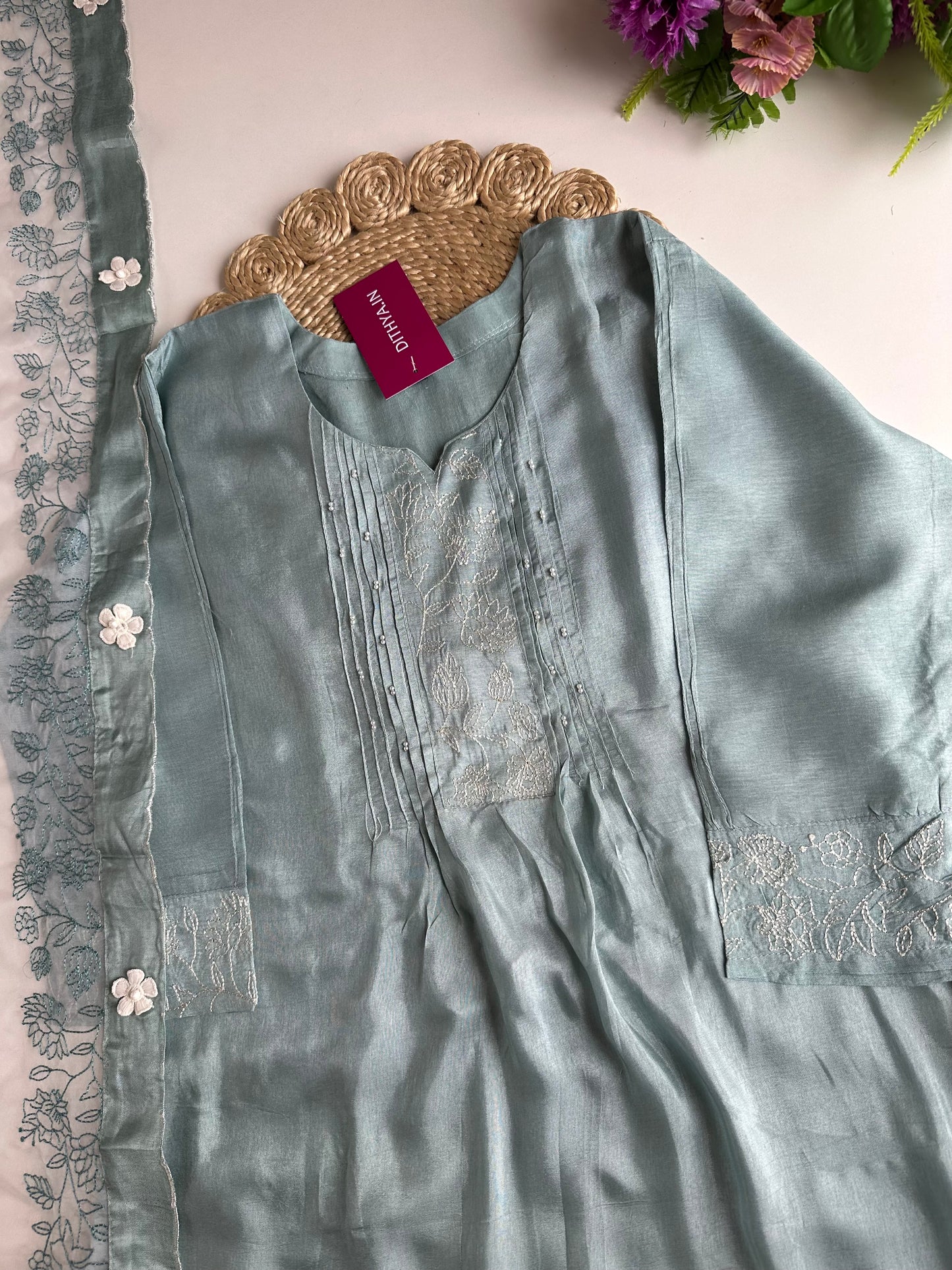 K029 - Russian silk embroidered Anarkali with pants and dupatta