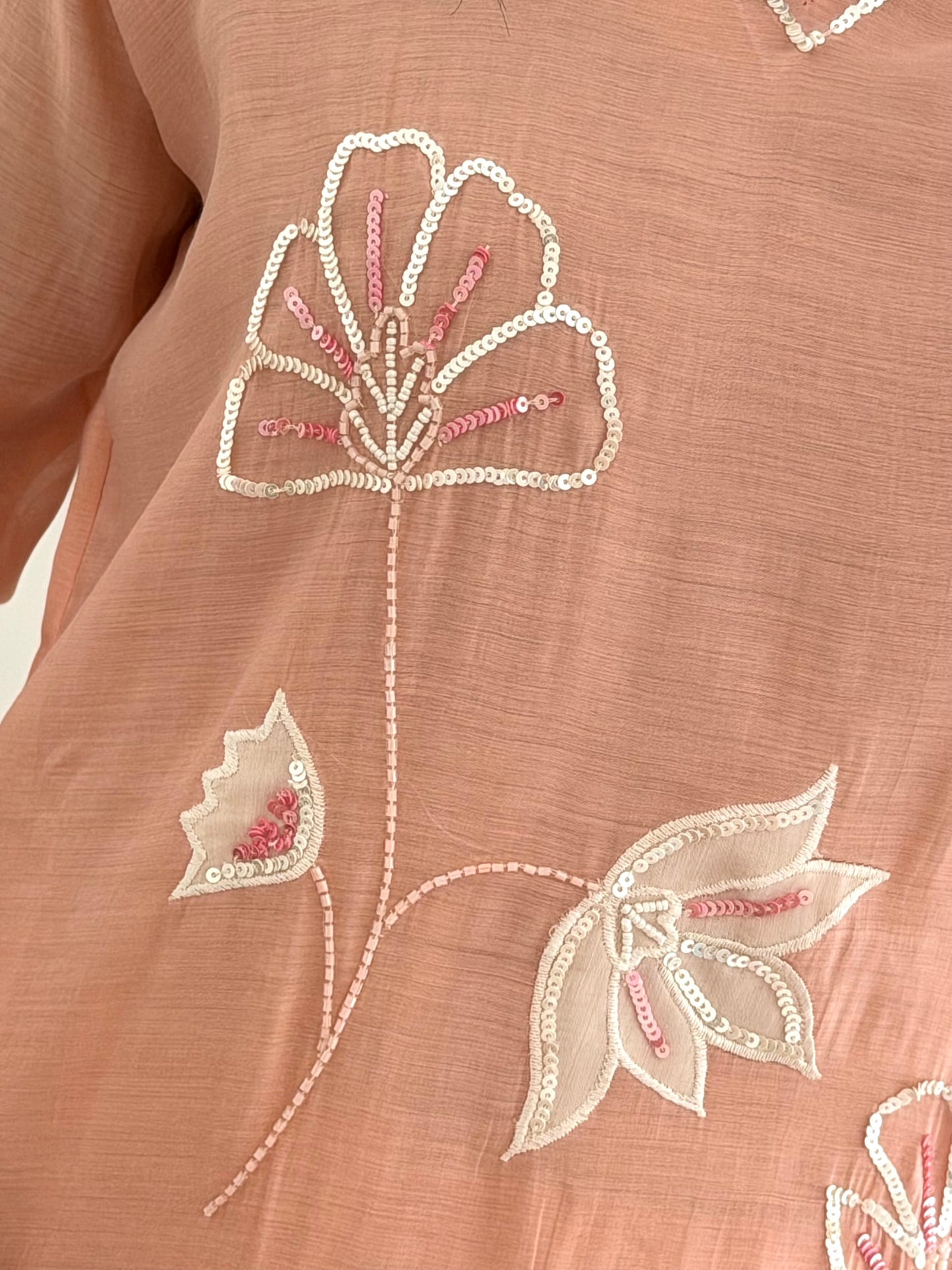 K237 - Mul chanderi appliqué work straight Kurti with pants and dupatta