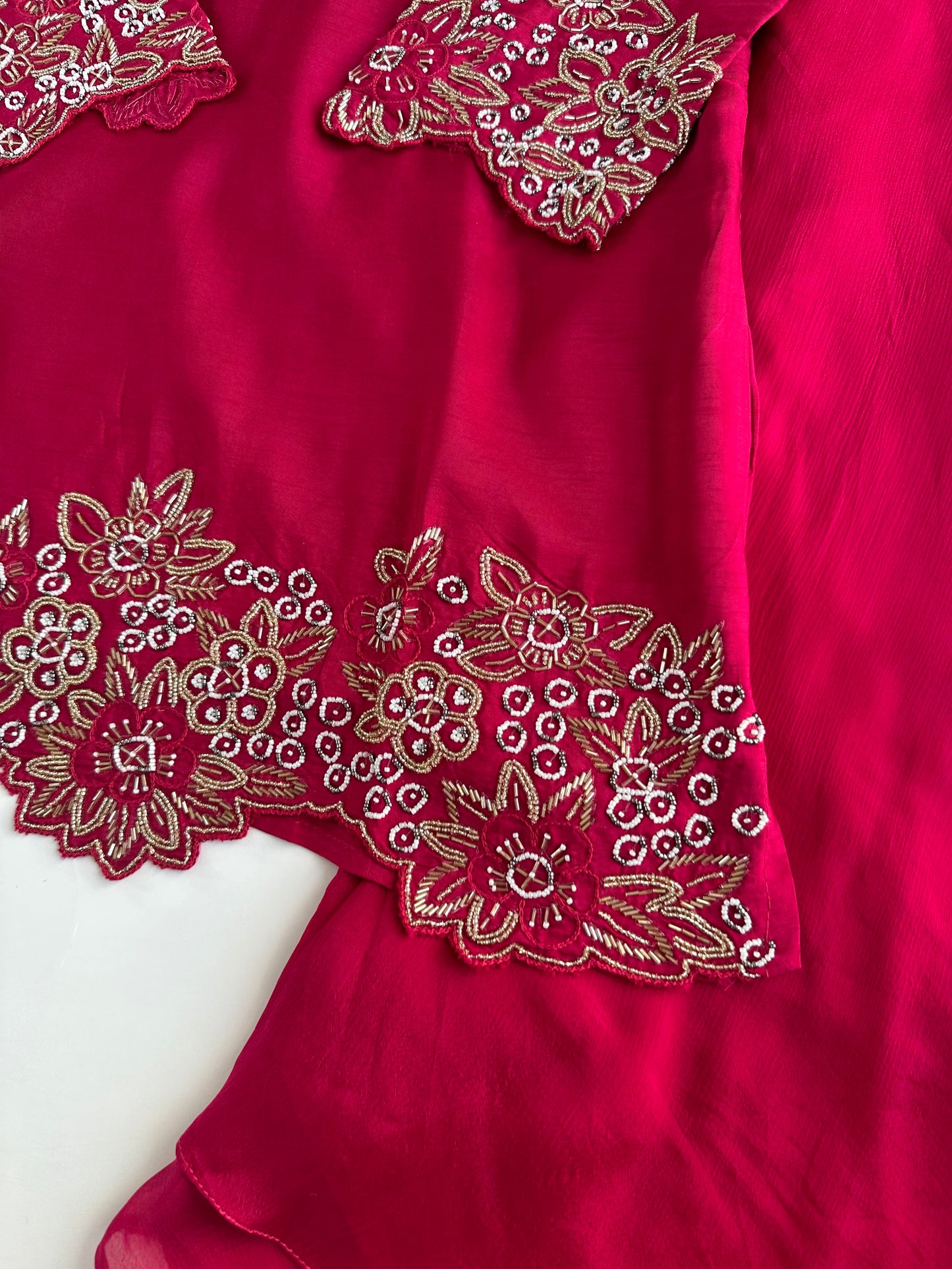 K342 - Russian silk handwork short Kurti with palazzo and silk dupatta