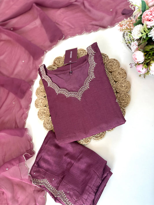 K254 - Russian silk Zardosi work straight kurti with palazzo and dupatta .