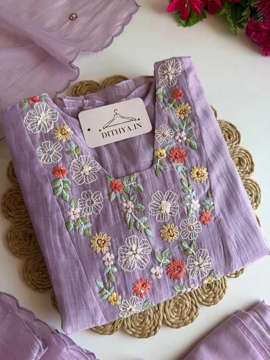 K336 - Mul chanderi embroidered Anarkali with pants and dupatta