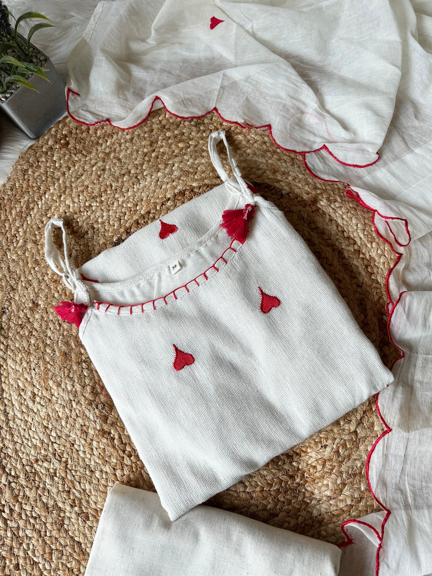 K206 - Slub cotton heart embroidered strap Kurti with pants and dupatta