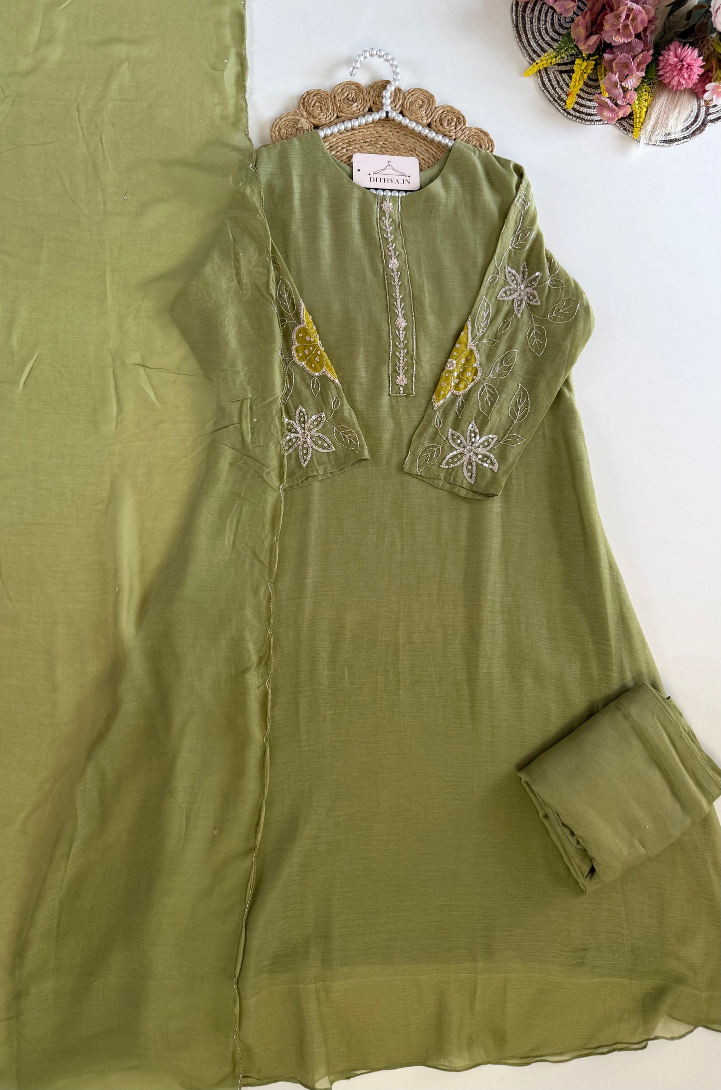 K181 - Mul chanderi handwork Aline Kurti with pants and dupatta in 2 colours