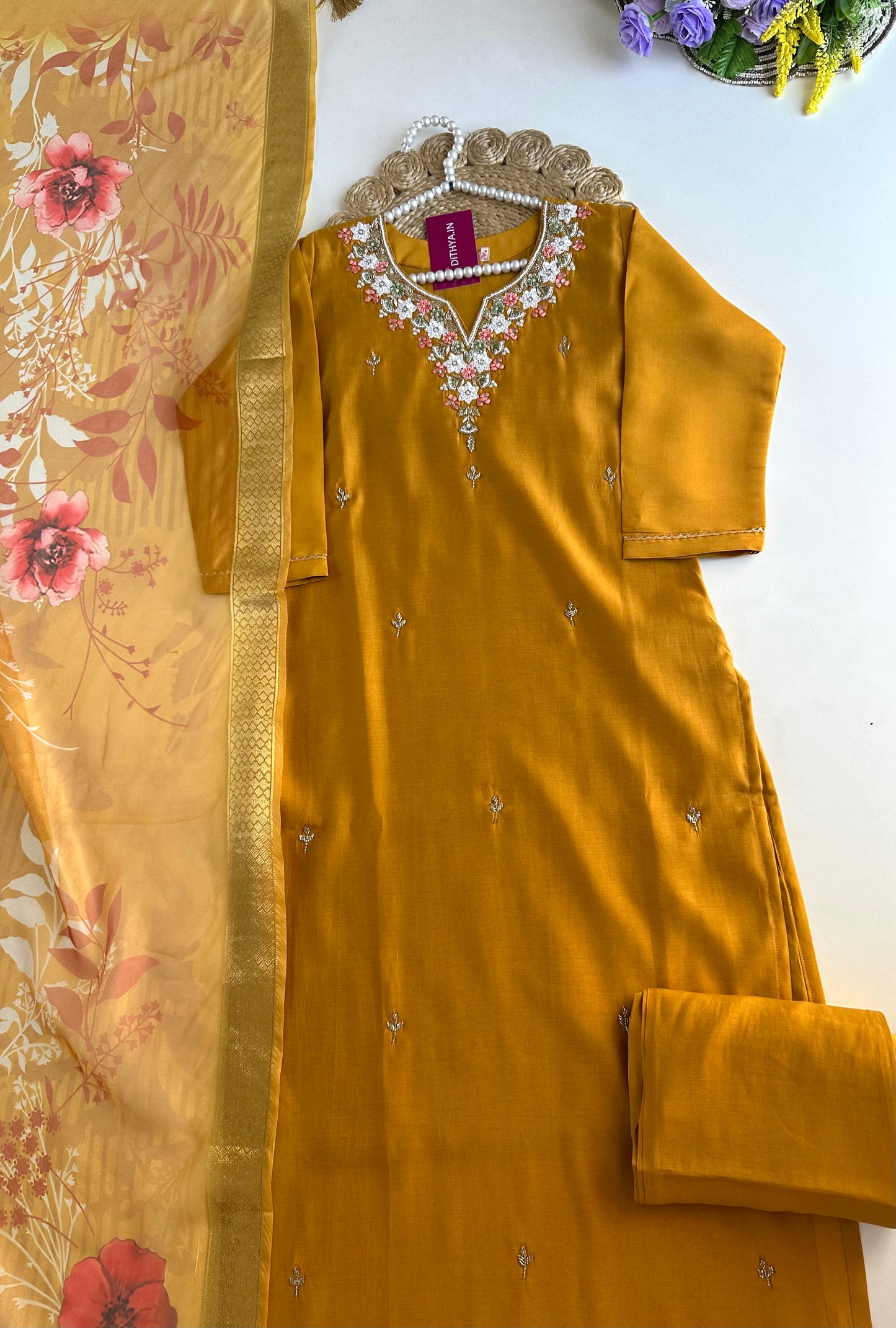 K361 - Roman silk handwork straight Kurti with pants and dupatta
