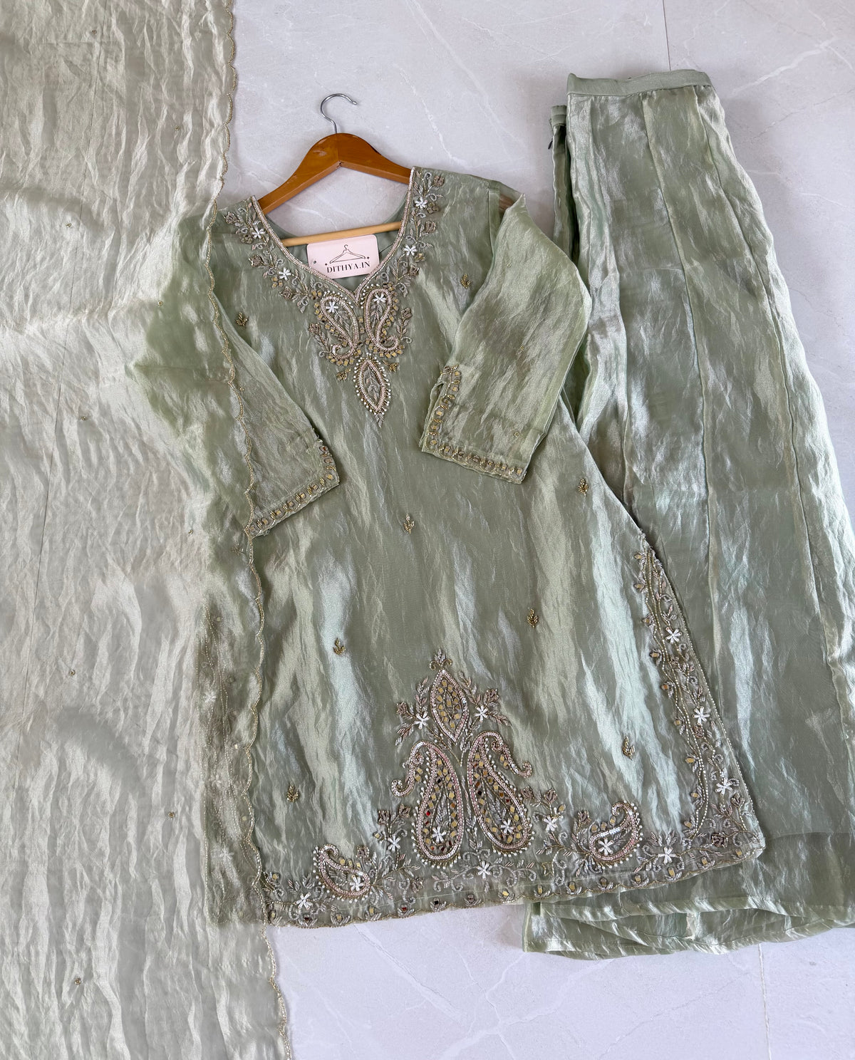 K494 - Tissue silk handwork short Kurti with divider pants and dupatta