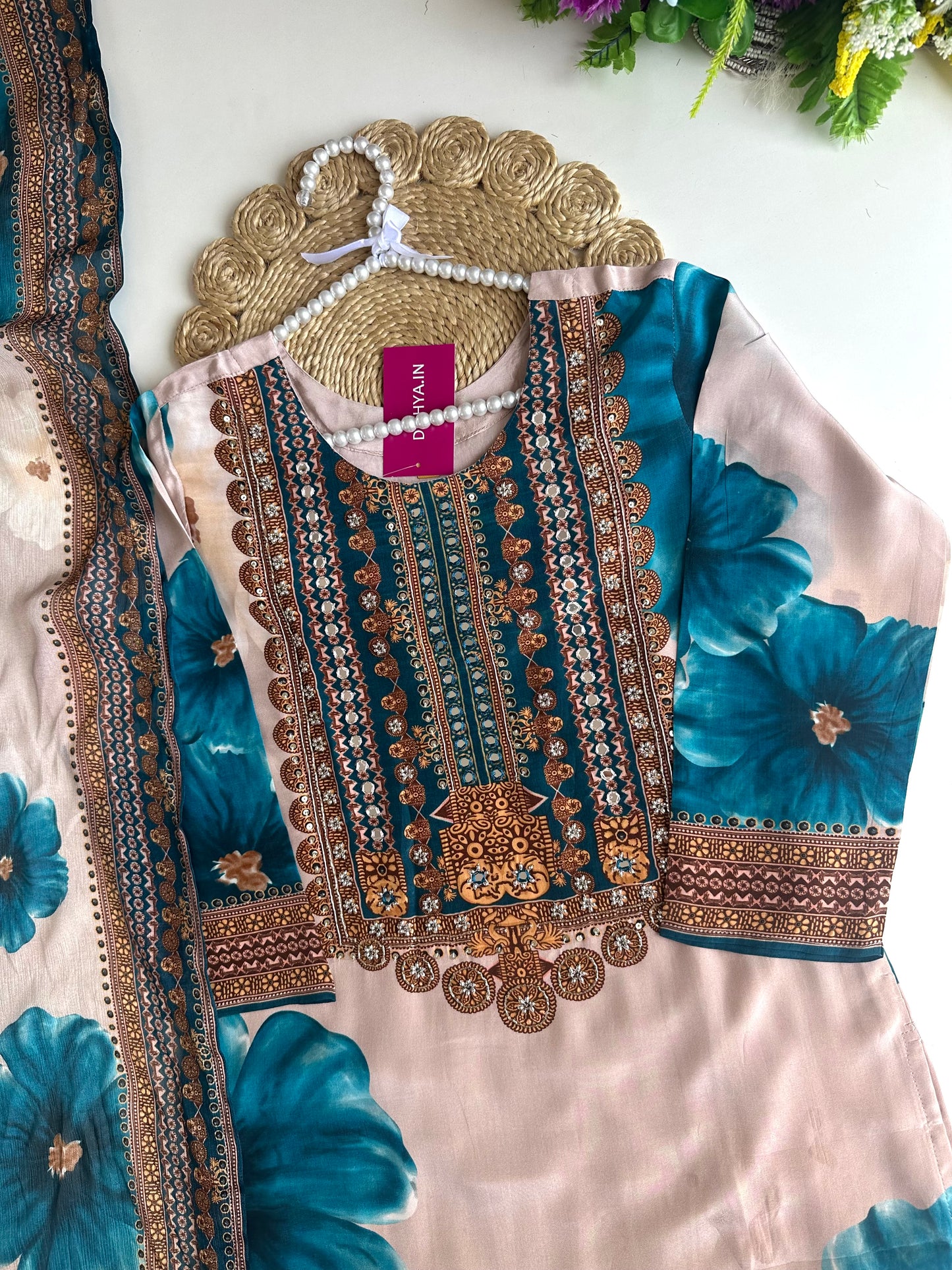K037 - Pure crape floral handwork straight Kurti with pants and dupatta