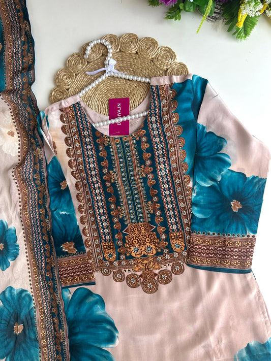 K037 - Pure crape floral handwork straight Kurti with pants and dupatta