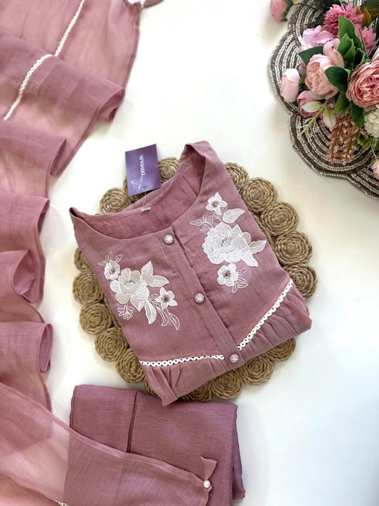 K060 - Mul Chanderi hand embroidered Aline Kurti with pants and dupatta