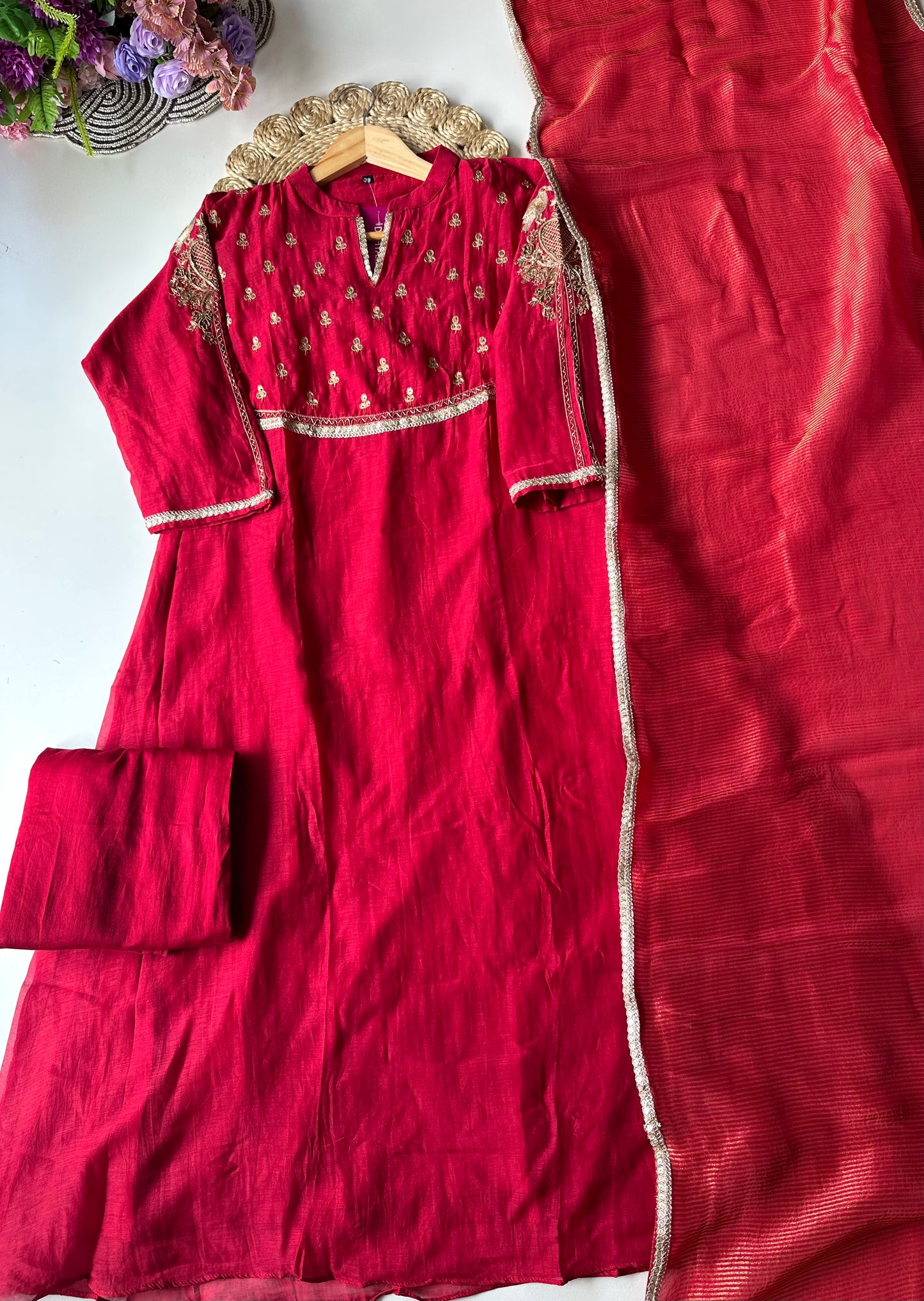K013 - Mul Chanderi handwork Aline Kurti with pants and dupatta