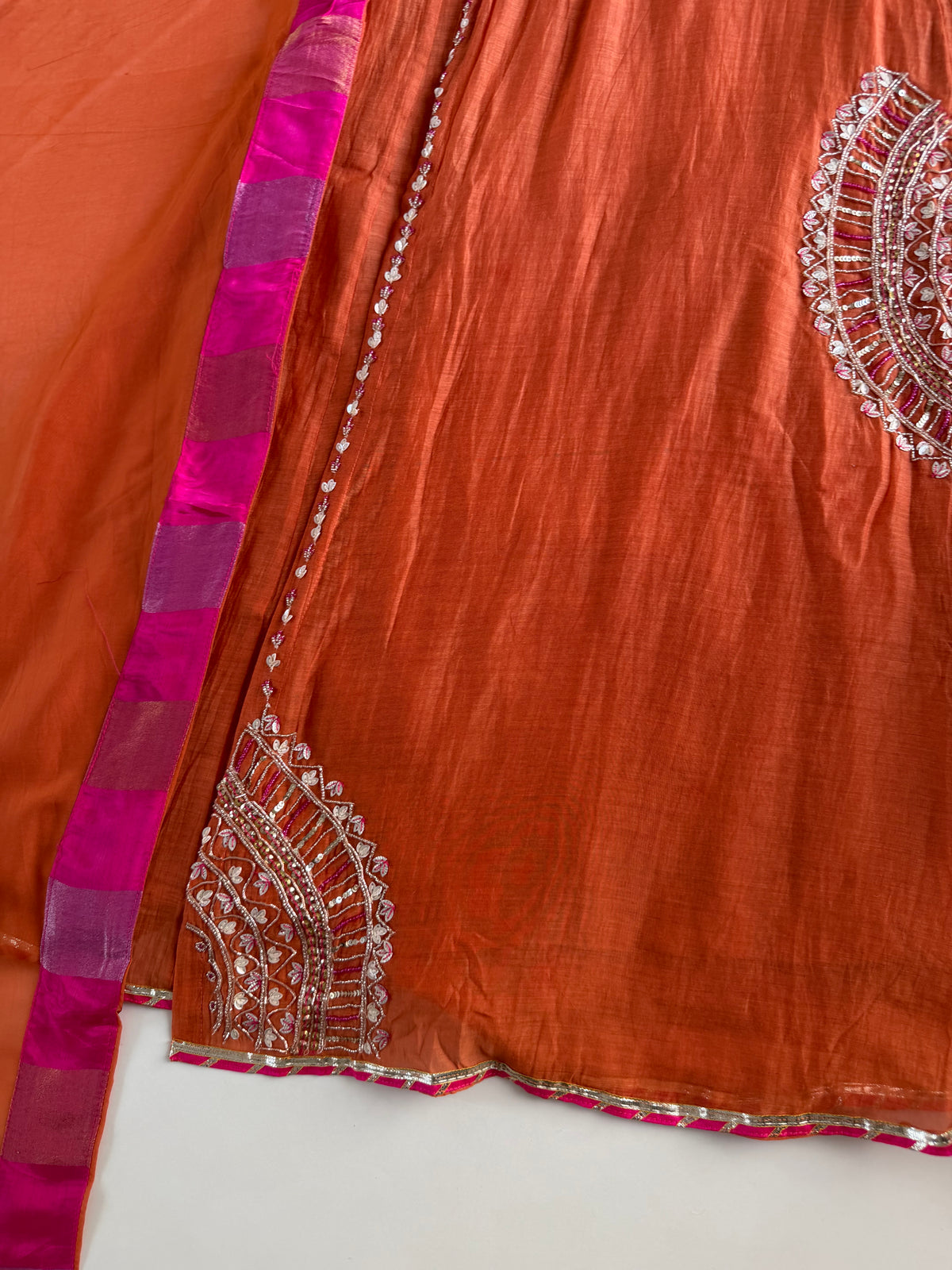 K111 - Banarasi mul chanderi handwork angrakha Anarkali with pants and dupatta