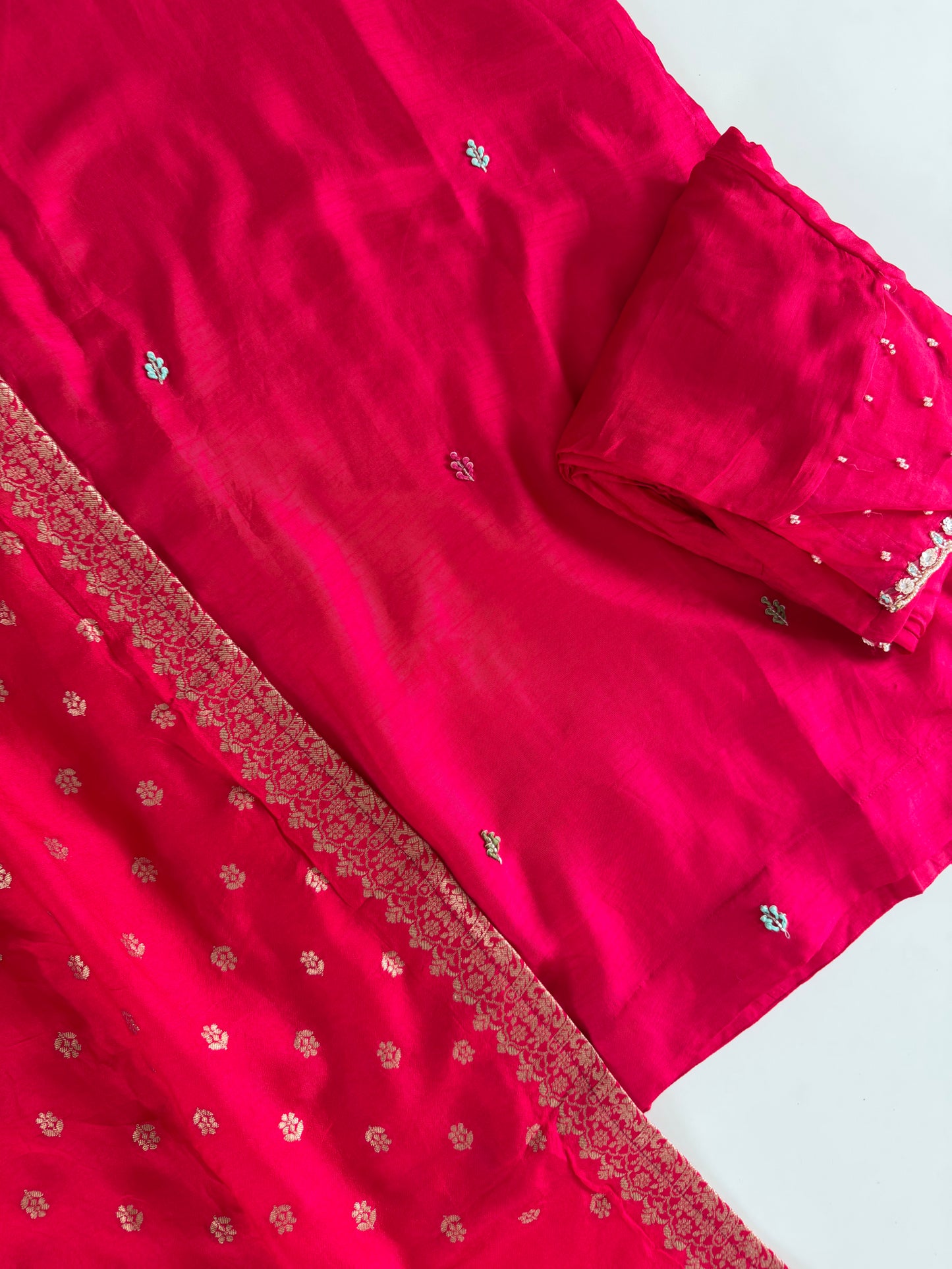 K643 - Dola silk Handwork straight Kurti with pants and dupatta