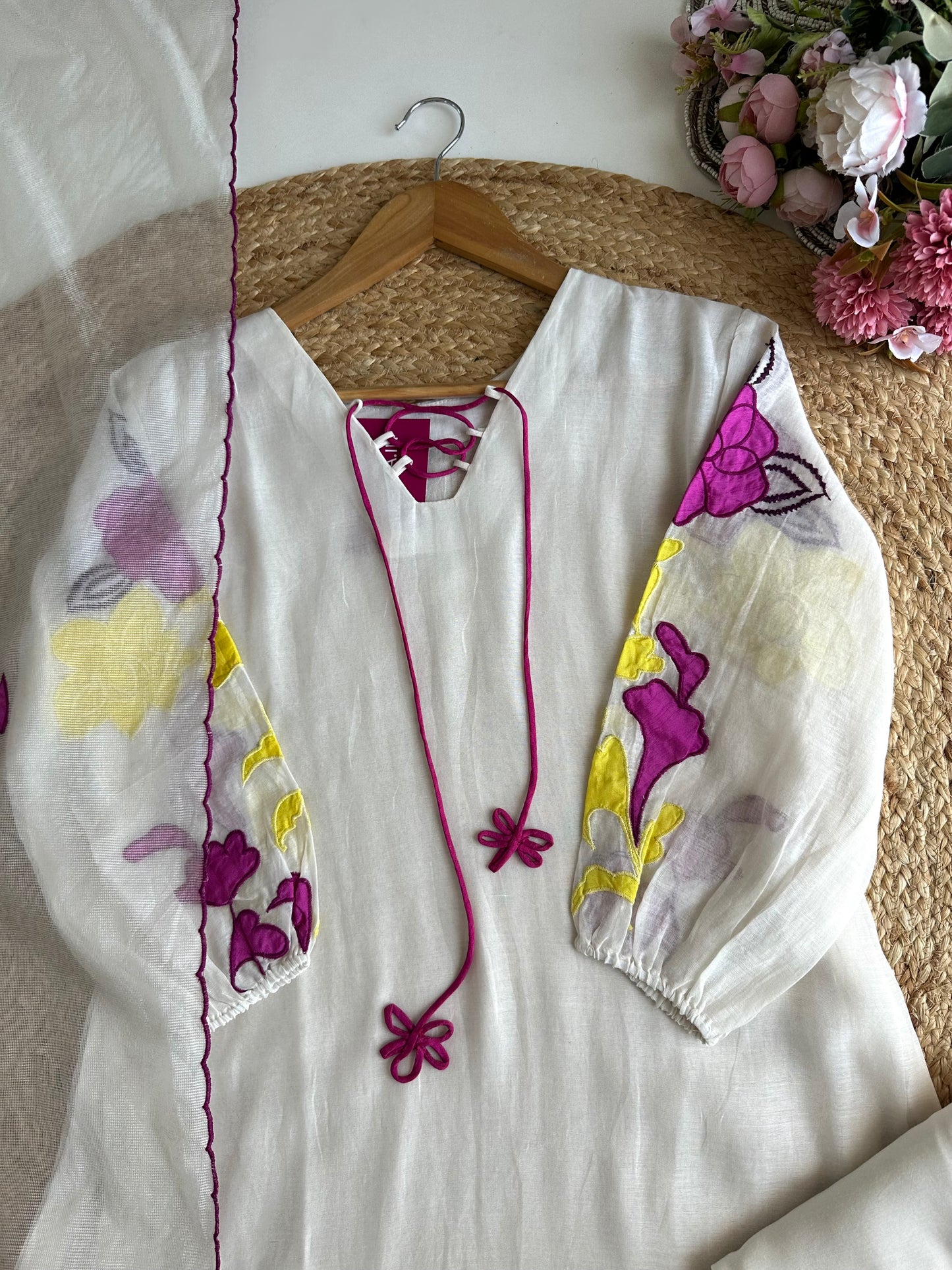 K109 - Mul Chanderi appliqué work Aline Kurti with pants and dupatta