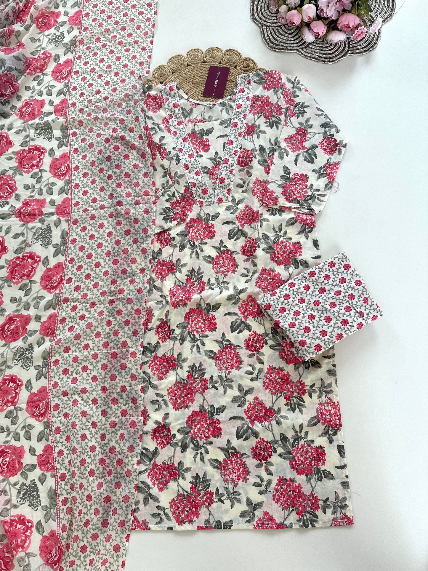 K138 - Cotton printed straight Kurti with pants and dupatta