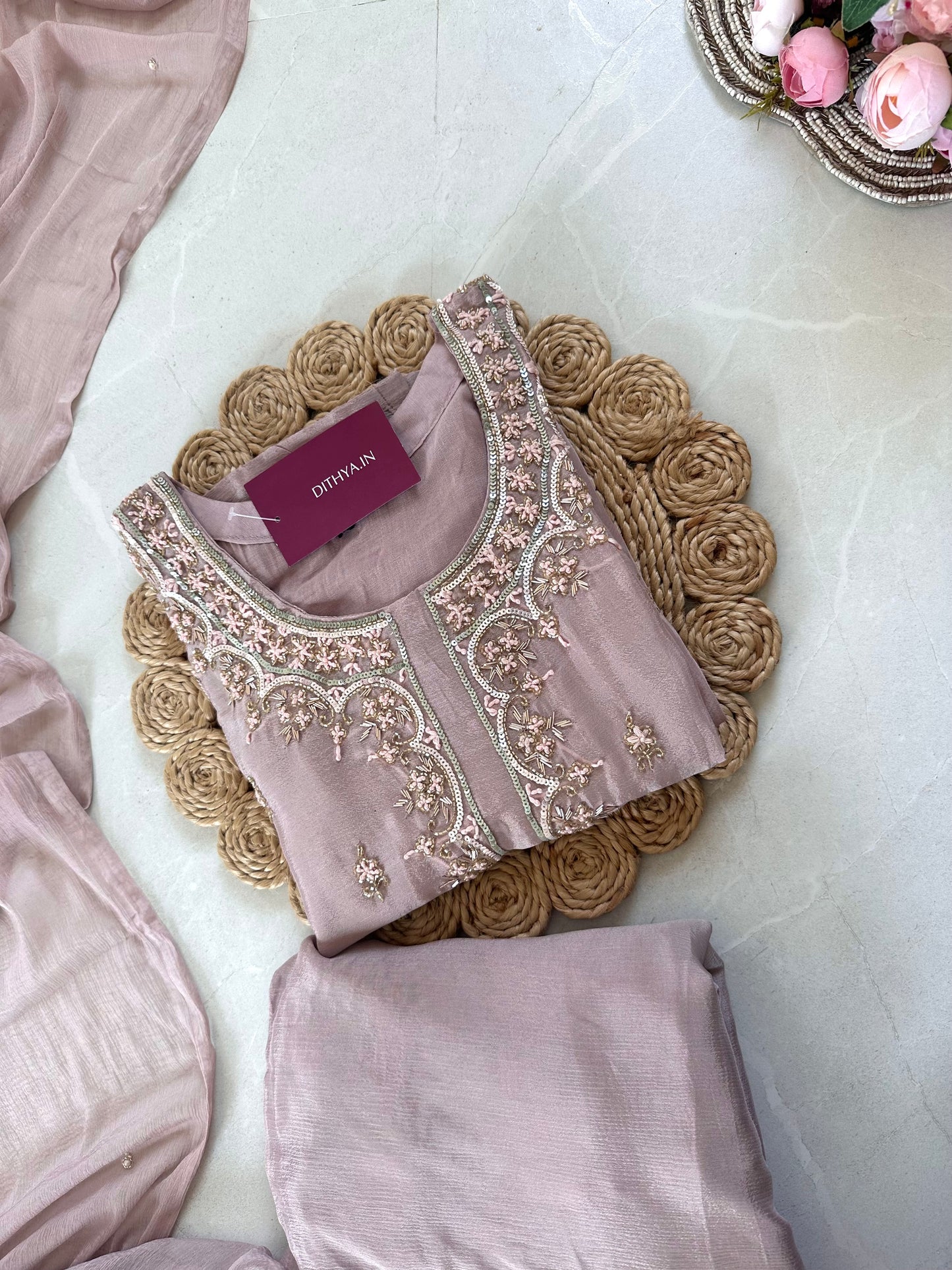 K161 - Heavy handwork Russian silk Straight kurti with flared pants and chiffon dupatta