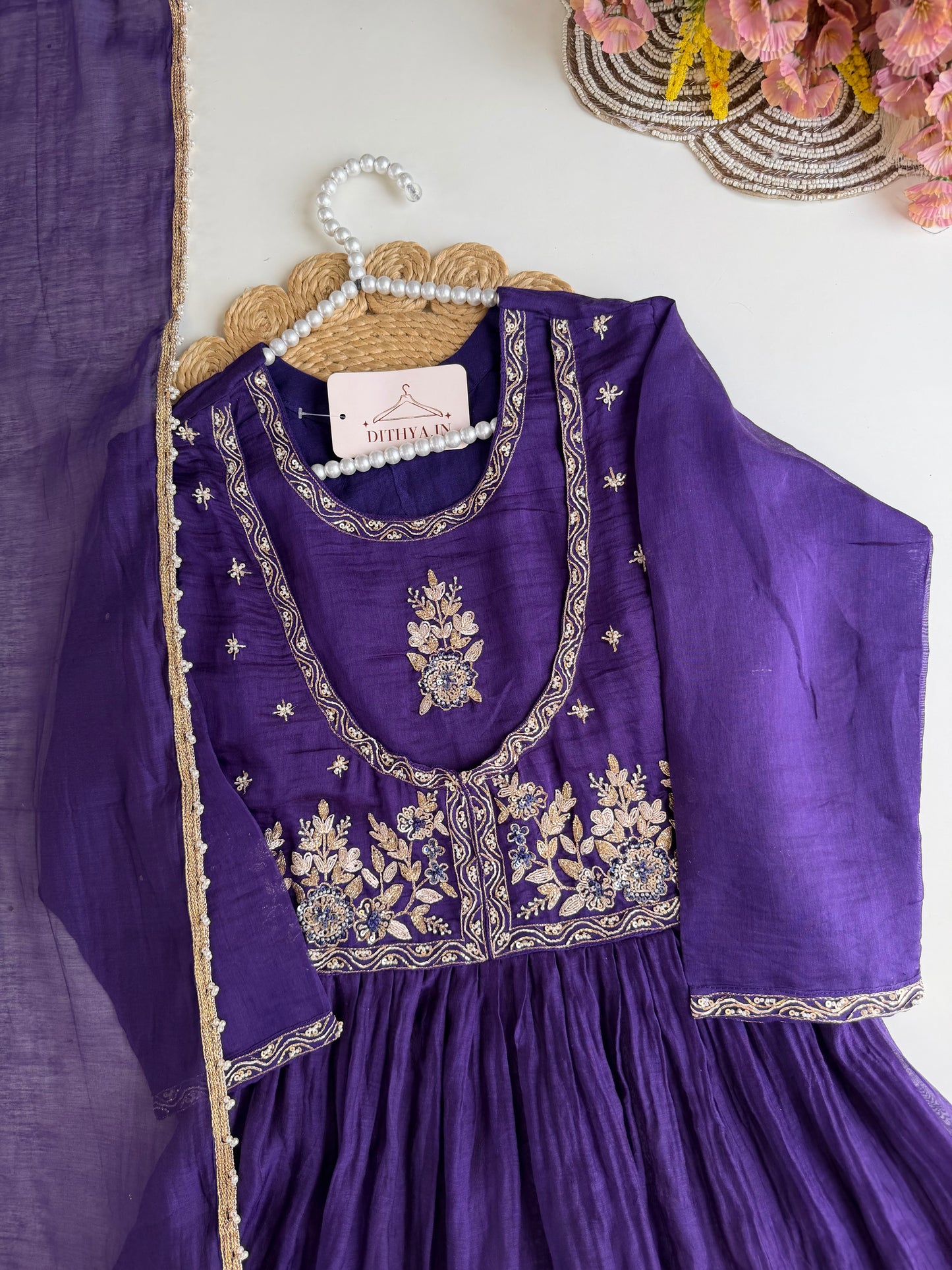 K076 - Mul Chanderi handwork Anarkali with side slit, straight pants and dupatta