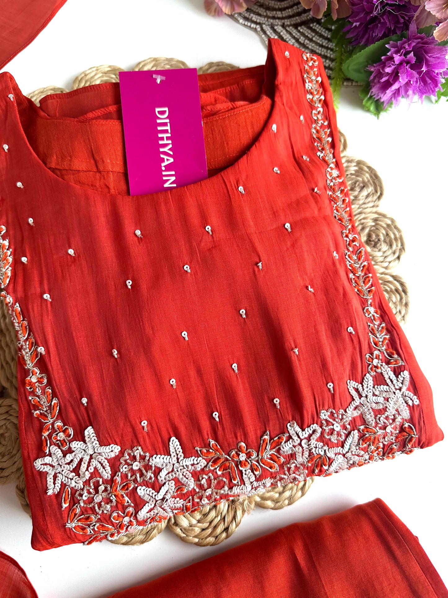 K007 - Mul Chanderi handwork Aline Kurti with pants and dupatta in 2 colours