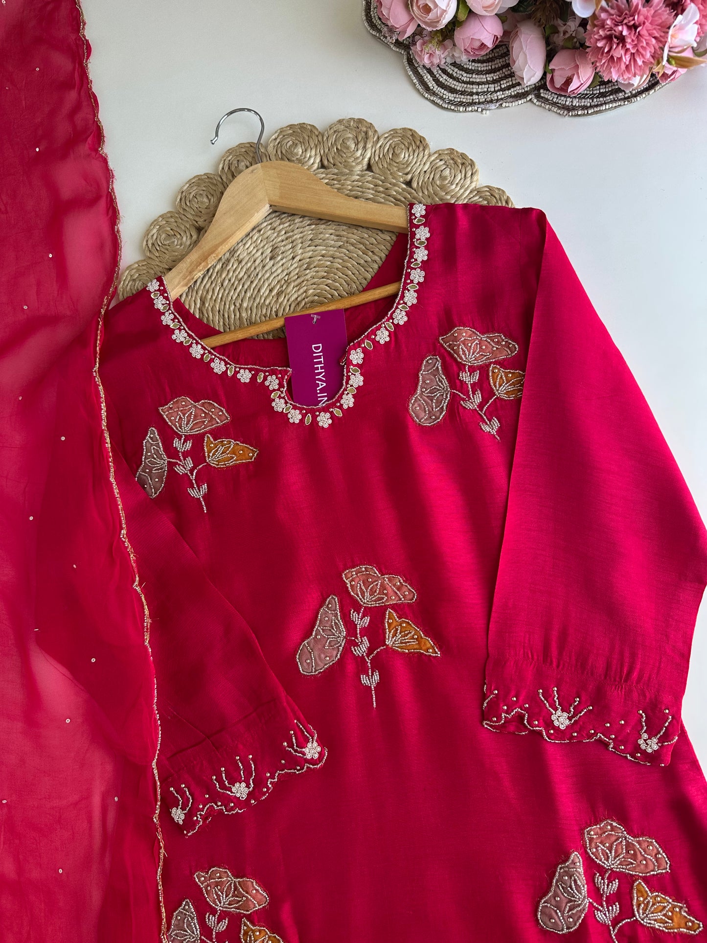 K173 - Russian silk handwork Straight Kurti with pants and dupatta