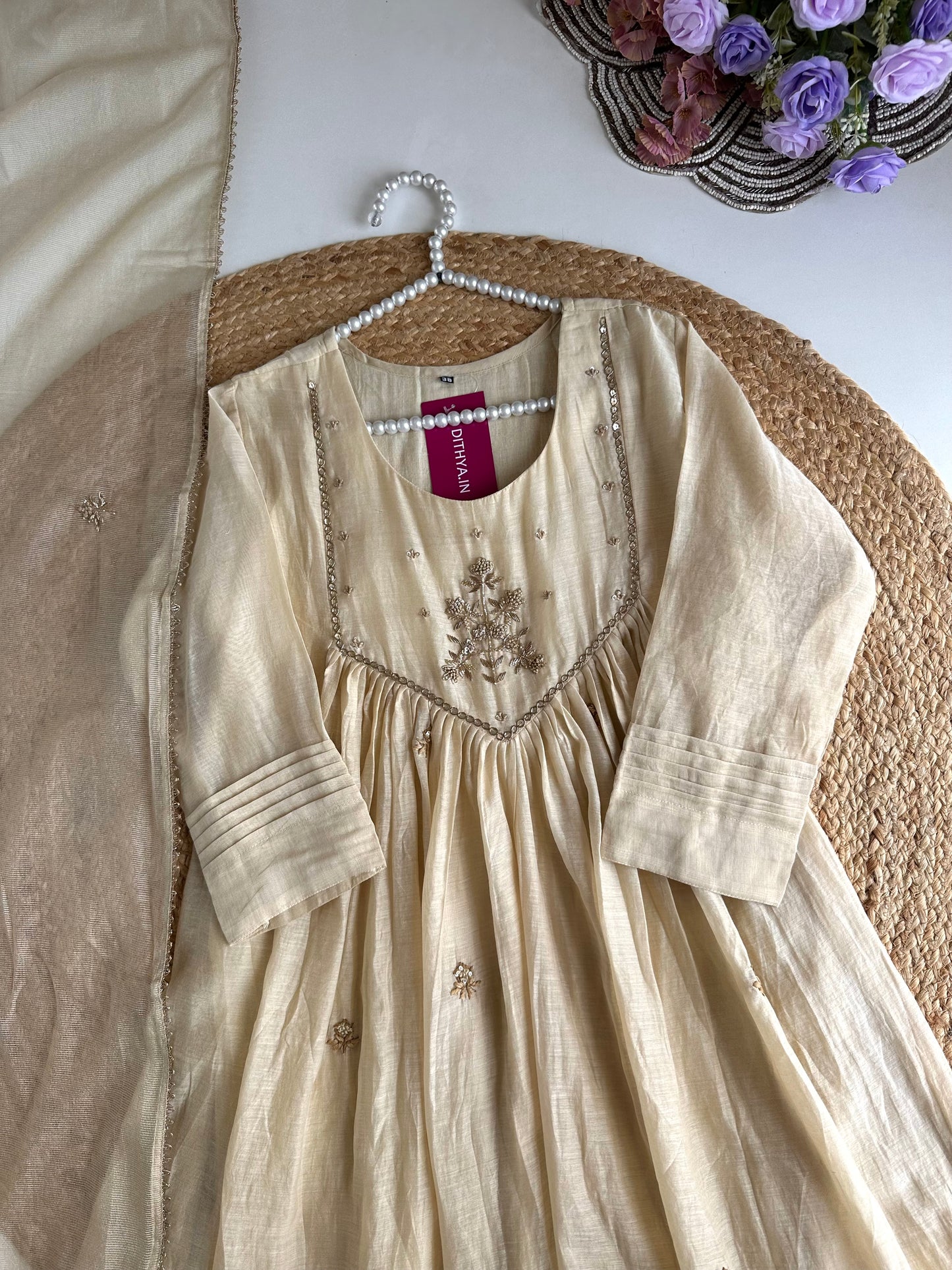 K120 - Mul Chanderi Handwork Anarkali with pants and dupatta