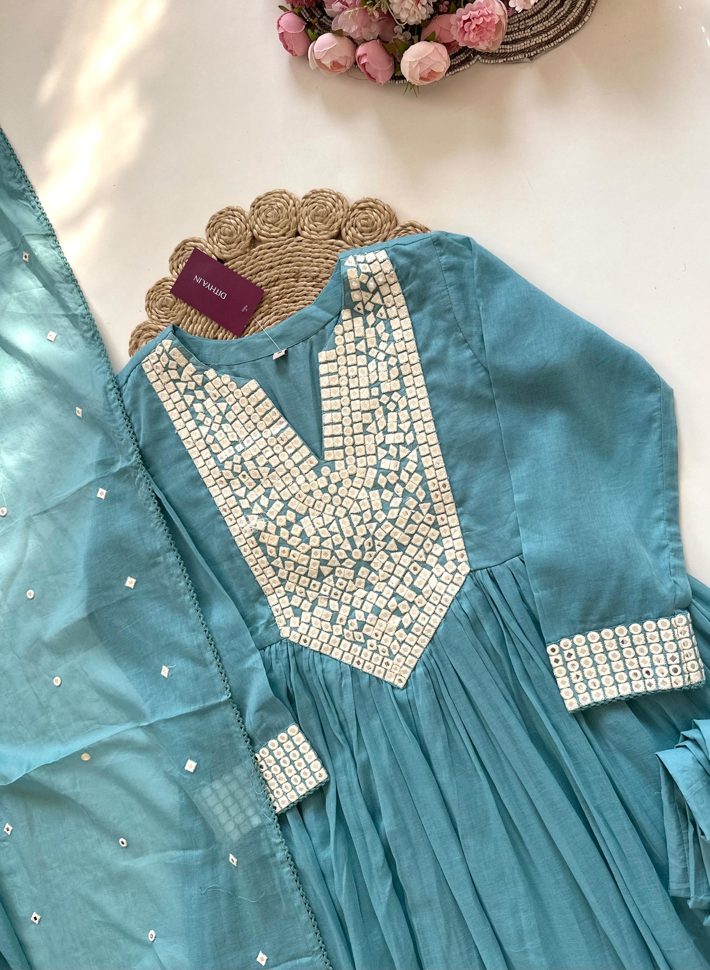 K116 - Mul mul cotton mirror work Anarkali with pants and dupatta in 2 colours