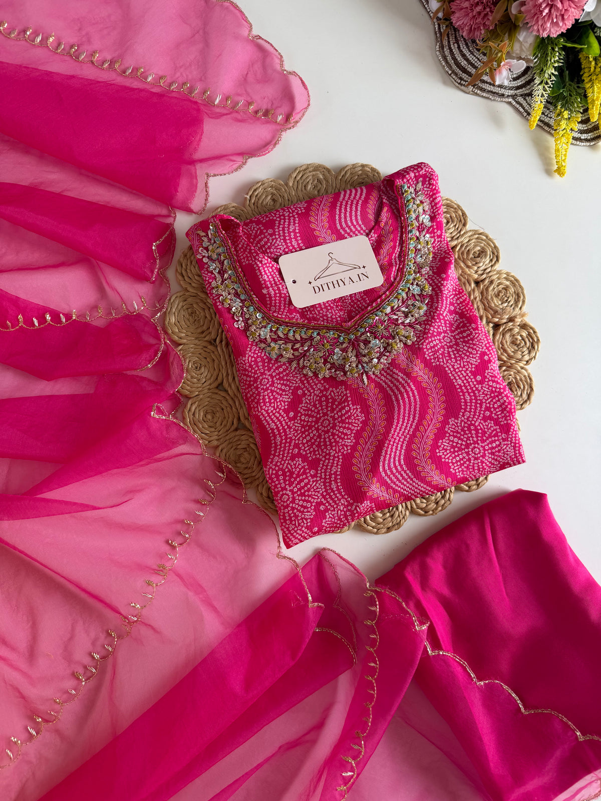 K063 - Pure Chinnon Bandhini handwork aline Kurti with pants and dupatta