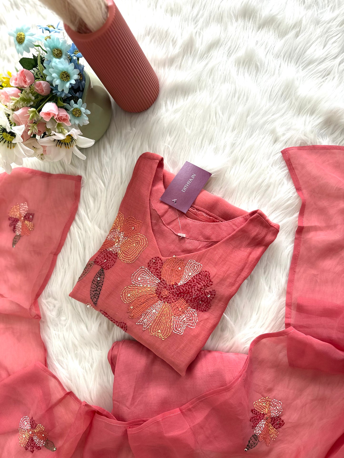 K261 - Mul Chanderi Embroidered Aline Kurti with pants and dupatta