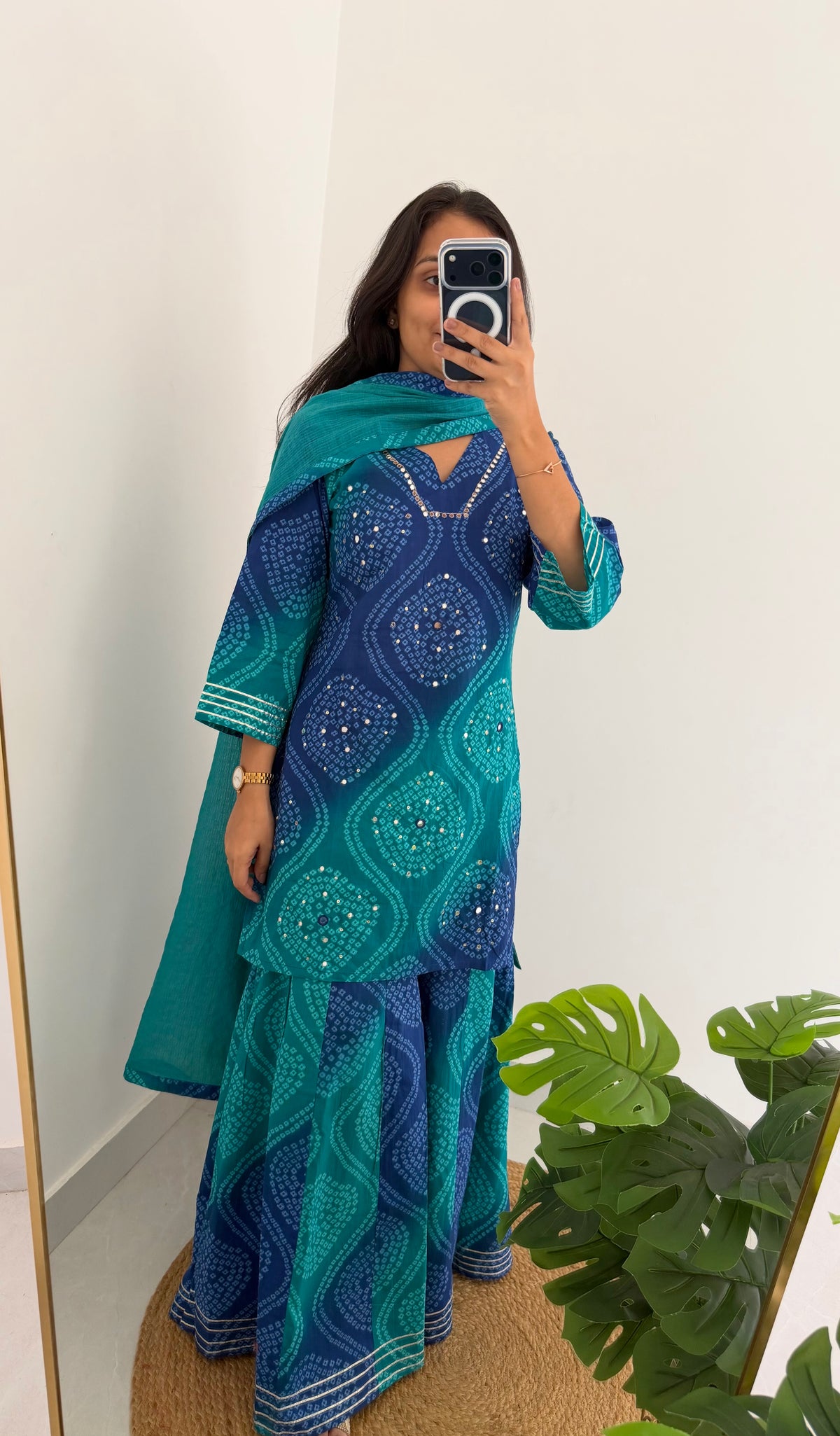 K090 - Mul cotton bandhini mirror work short Kurti with palazzo pants and dupatta