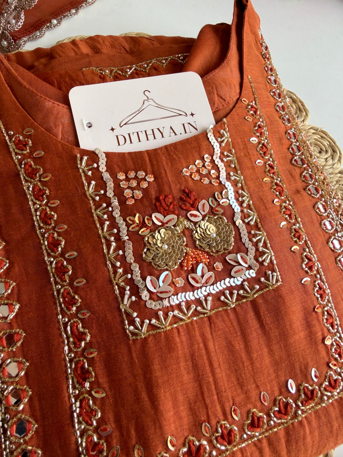 K435 - Mul chanderi handwork Aline Kurti with pants and dupatta