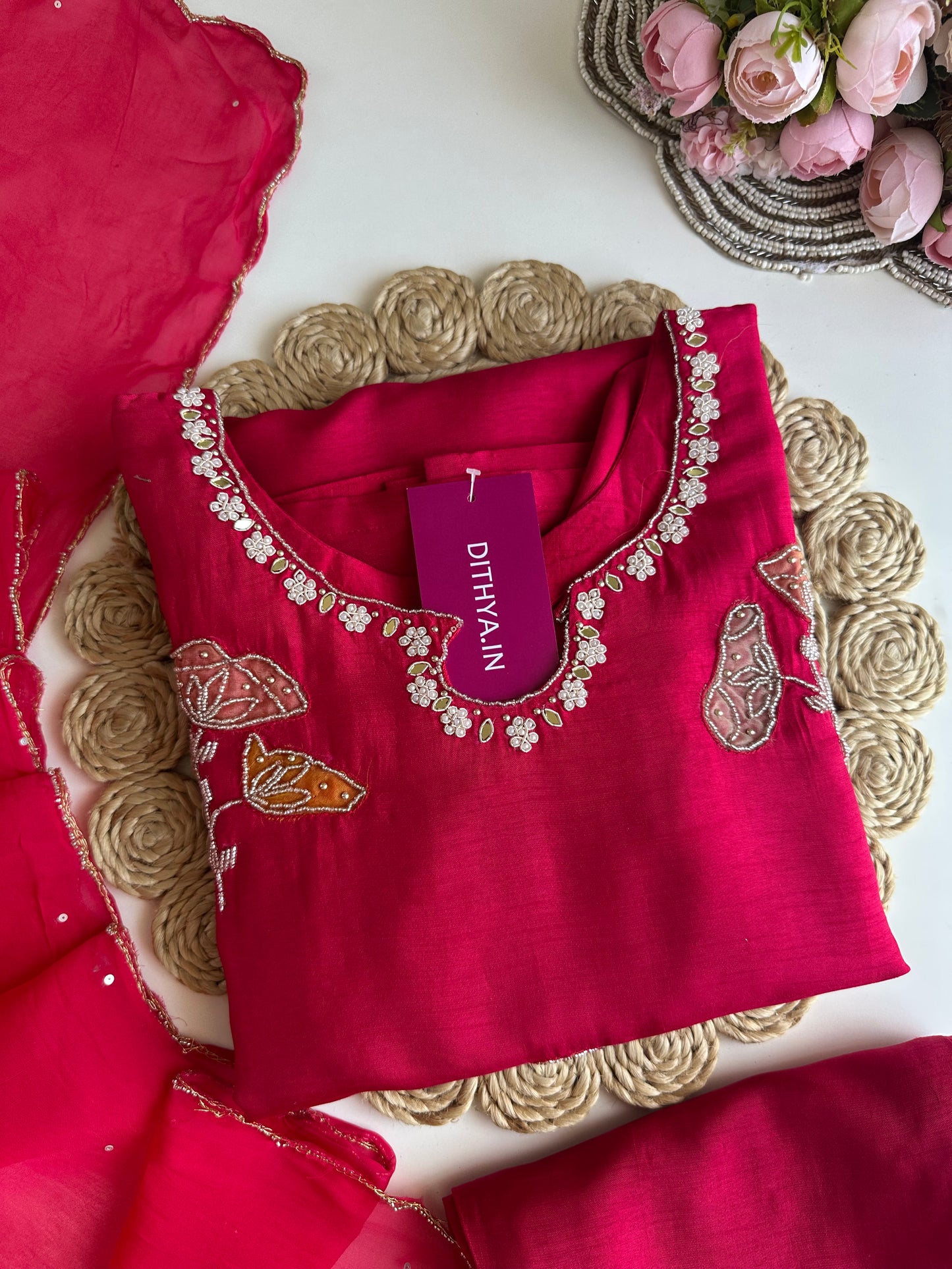 K173 - Russian silk handwork Straight Kurti with pants and dupatta