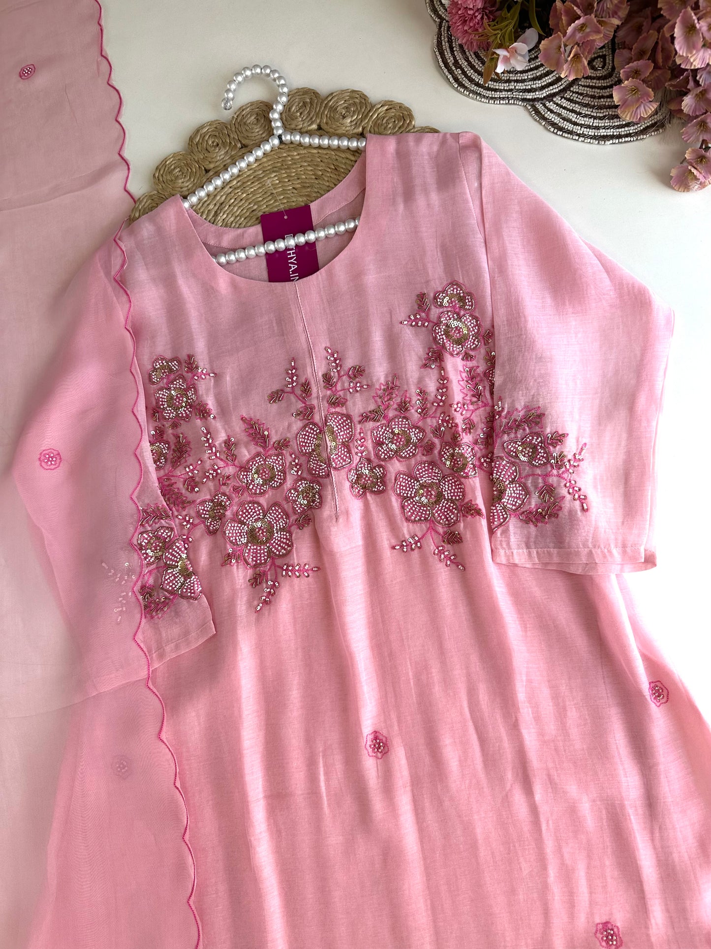 K420 - Mul Chanderi handwork Aline Kurti with pants and dupatta