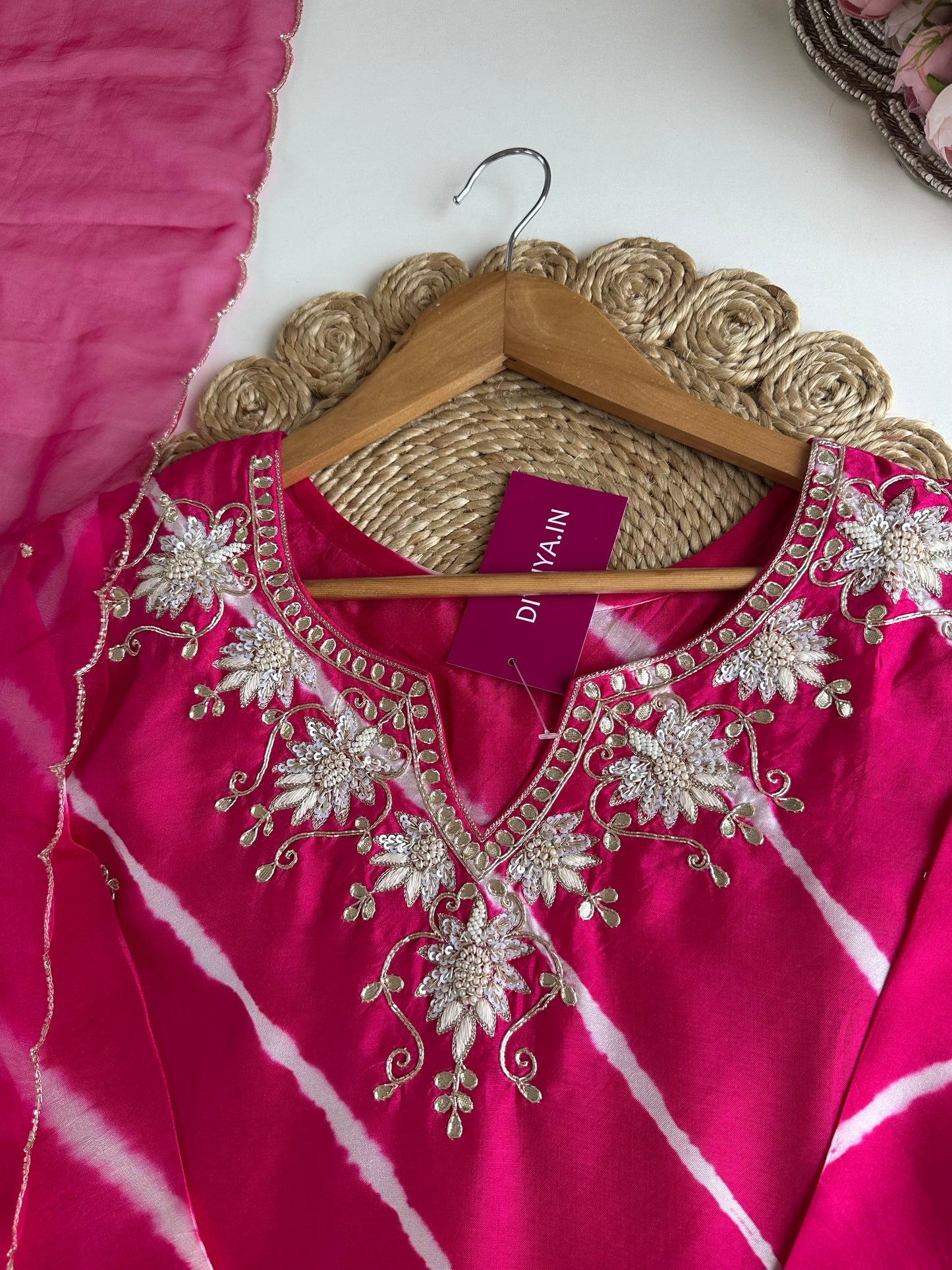 K016 - Russian silk leheriya handwork Straight Kurti with pants and dupatta in 2 styles