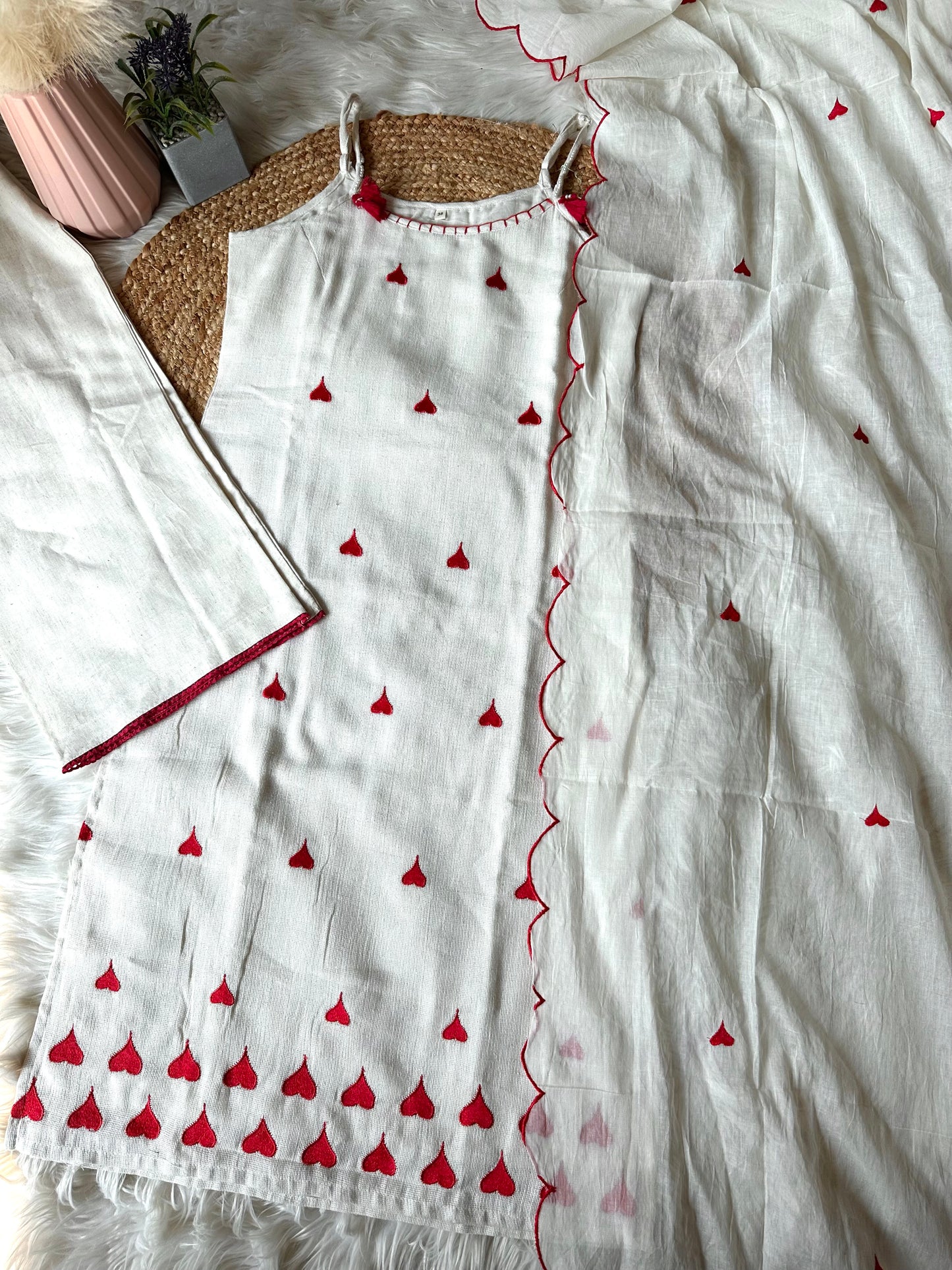 K206 - Slub cotton heart embroidered strap Kurti with pants and dupatta