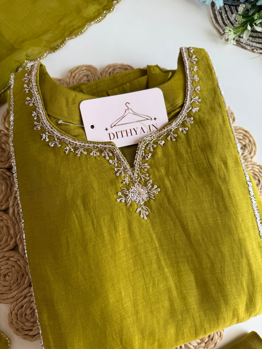 K569 - Mul chanderi handwork aline Kurti with pants and dupatta
