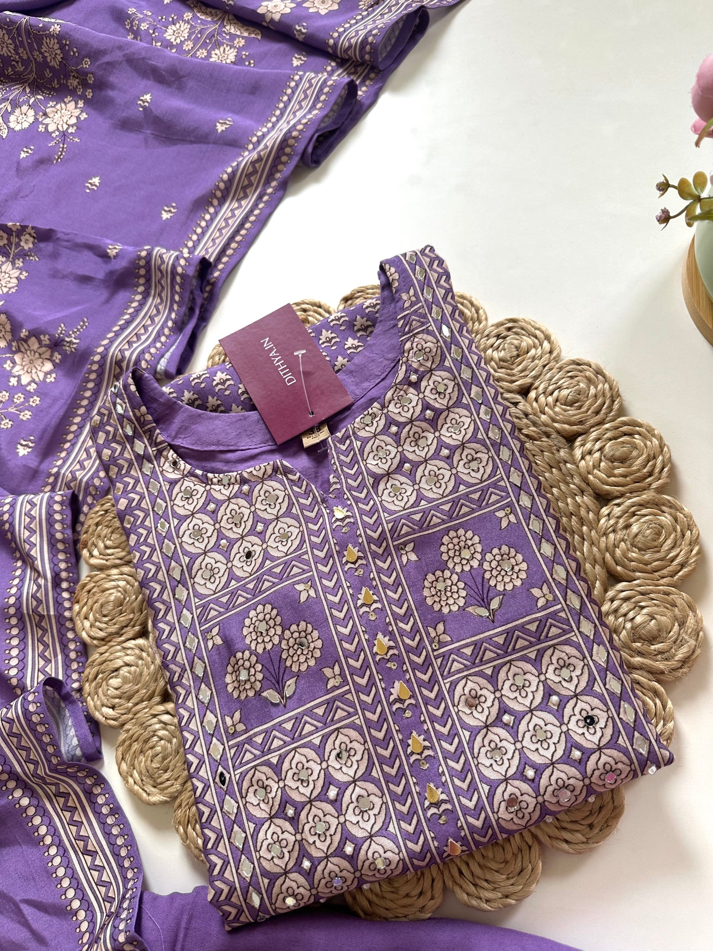 K102 - Muslin silk Printed Handwork straight kurti with pants and dupatta .