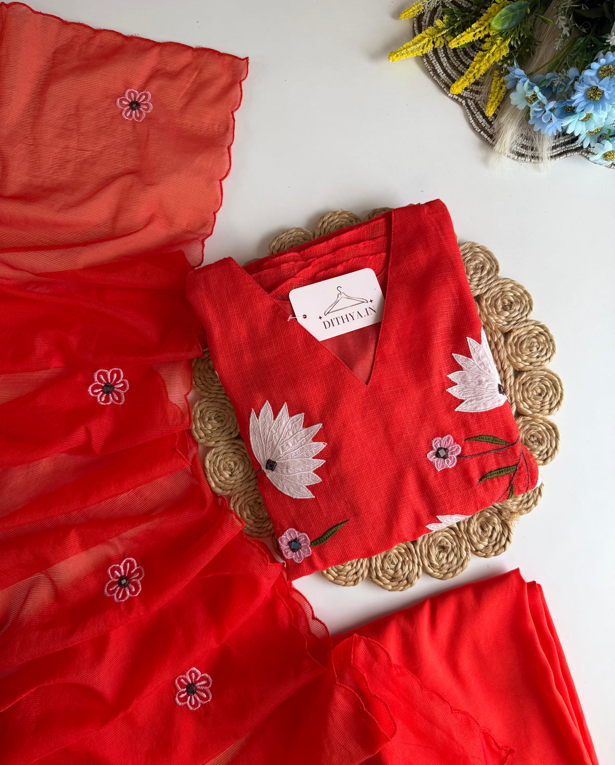 K295 - Kota doriya appliqué Aline Kurti with pants and dupatta