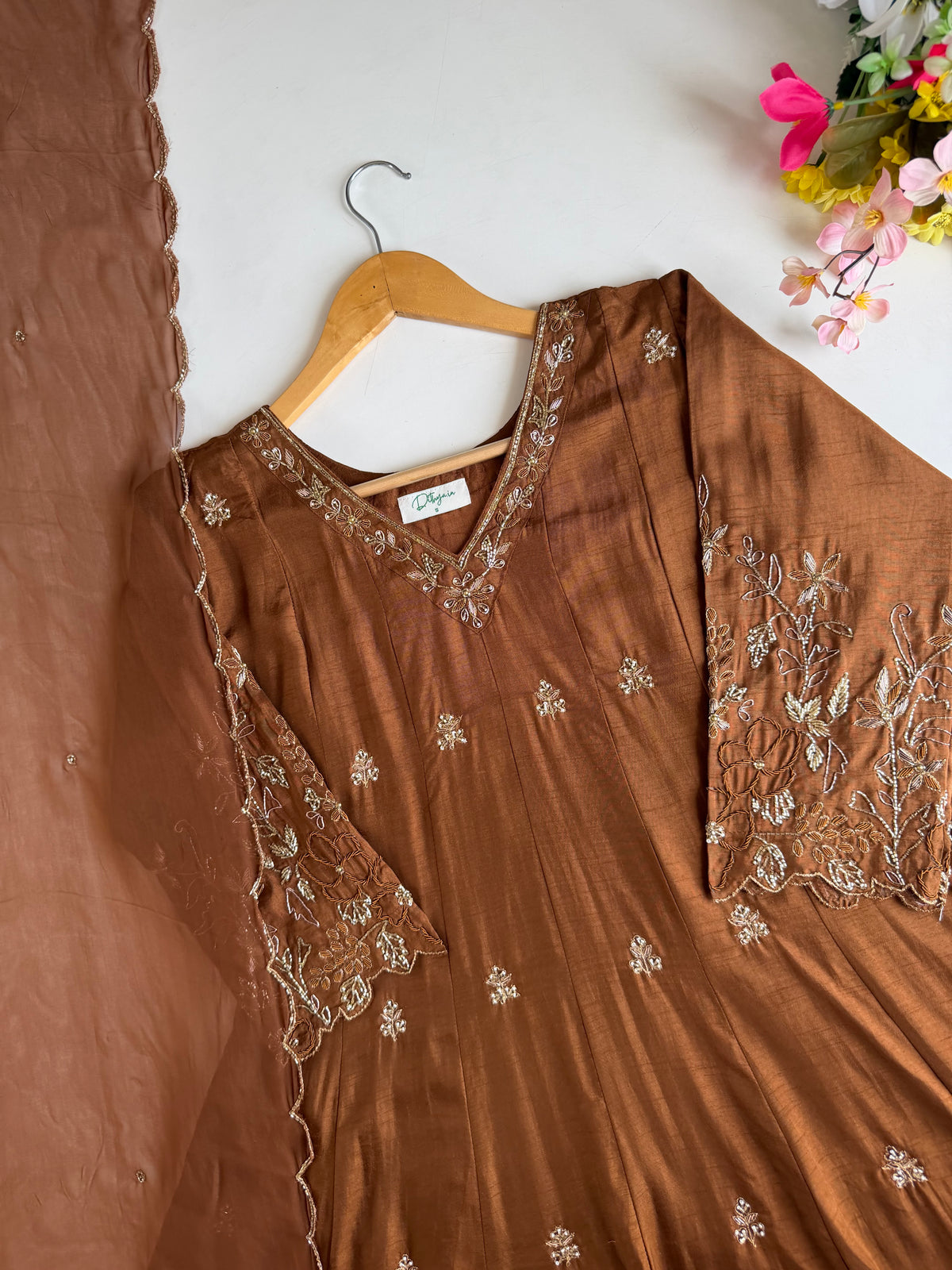 K737 -Russian silk handwork Anarkali with pants and dupatta