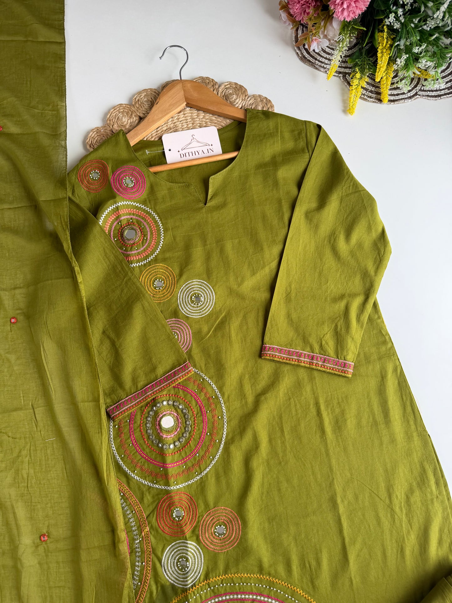 K668 - Mul cotton embroidered straight Kurti with pants and dupatta