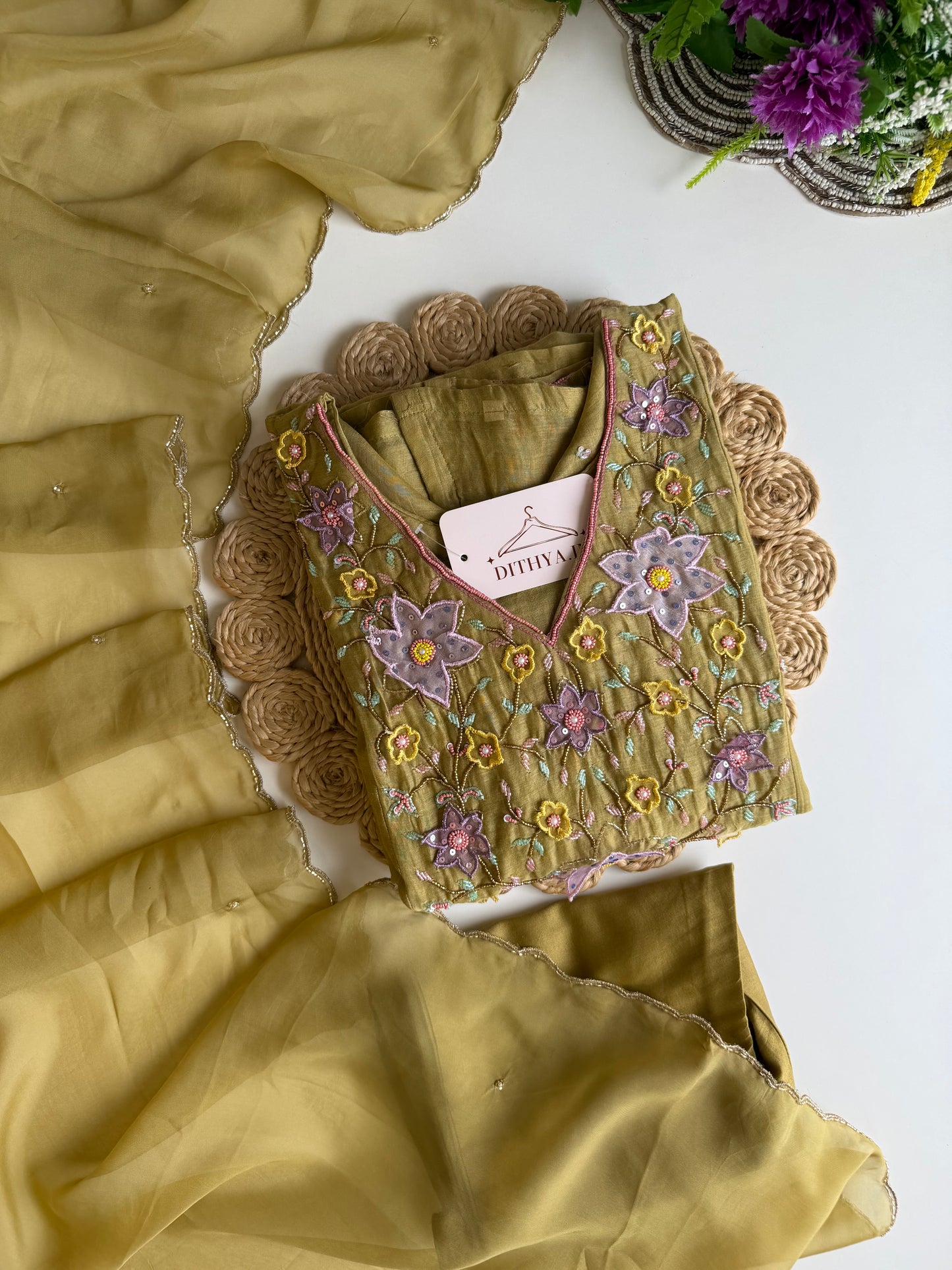 K298 - Mul chanderi 3D handwork Aline Kurti with pants and dupatta