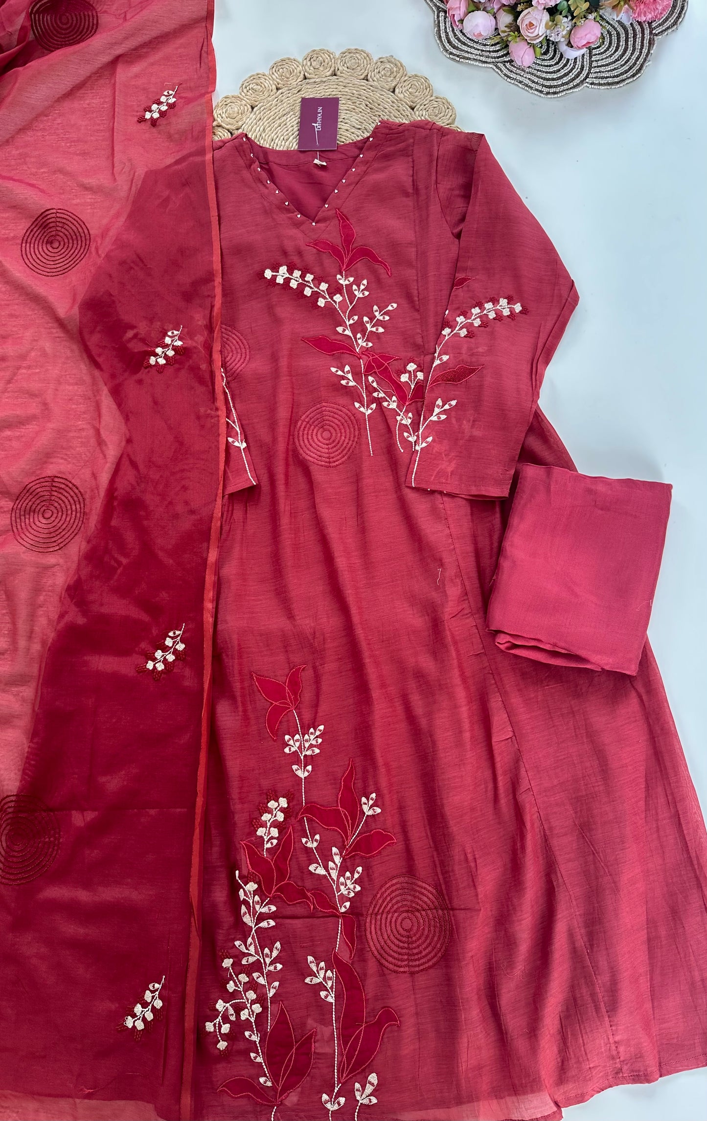 K210 - Mul Chanderi appliqué work Anarkali with pants and dupatta in 2 colours